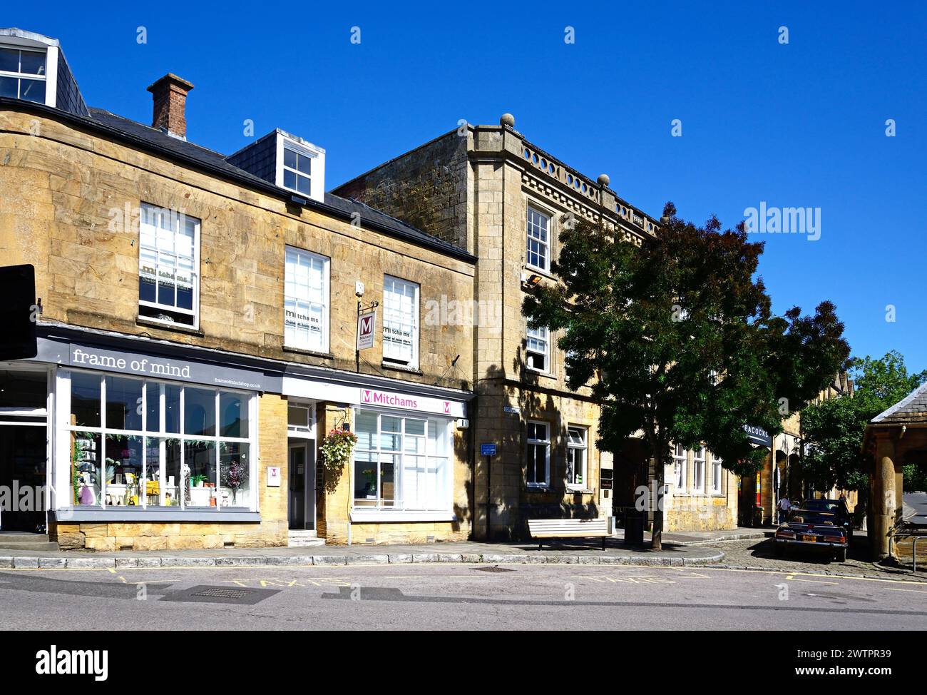 Traditional shops along East Street in the town centre, Ilminster, Somerset, UK, Europe. Stock Photo