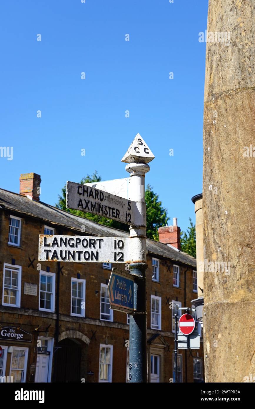 Destination sign in the market place along East Street in the town centre, Ilminster, Somerset, UK, Europe. Stock Photo