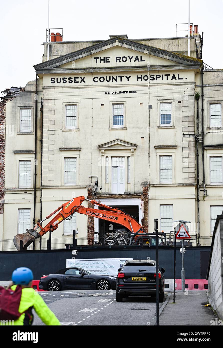 Brighton UK 19th March 2024 -  Demolition work continues on the old Royal Sussex County Hospital Barry building in Brighton after the recently built new Louisa Martindale building  was opened in June 2023 . The Barry Building is nearly 200 years old , one of the oldest in the NHS and will be replaced by a new Sussex Cancer Centre  : Credit Simon Dack / Alamy Live News Stock Photo