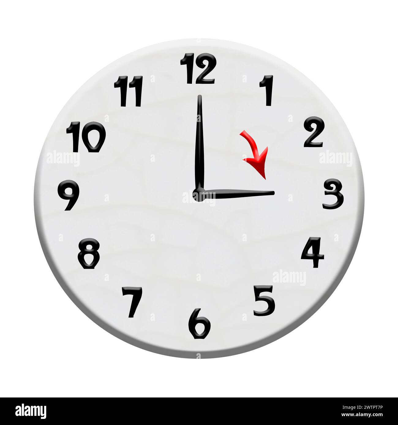 Digital composite. Clock face showing 3 oclock with an arrow pointing to the hour hand at three. On the 31st March 2024 Central European Summer Time aka Central European Daylight Time is observed for summer daylight saving, meaning that the clocks go forward. Simple mnemonic to remember spring forward, fall autumn back. cest, cedt, time, cet, forward, setting, clock, clocks, Stock Photo