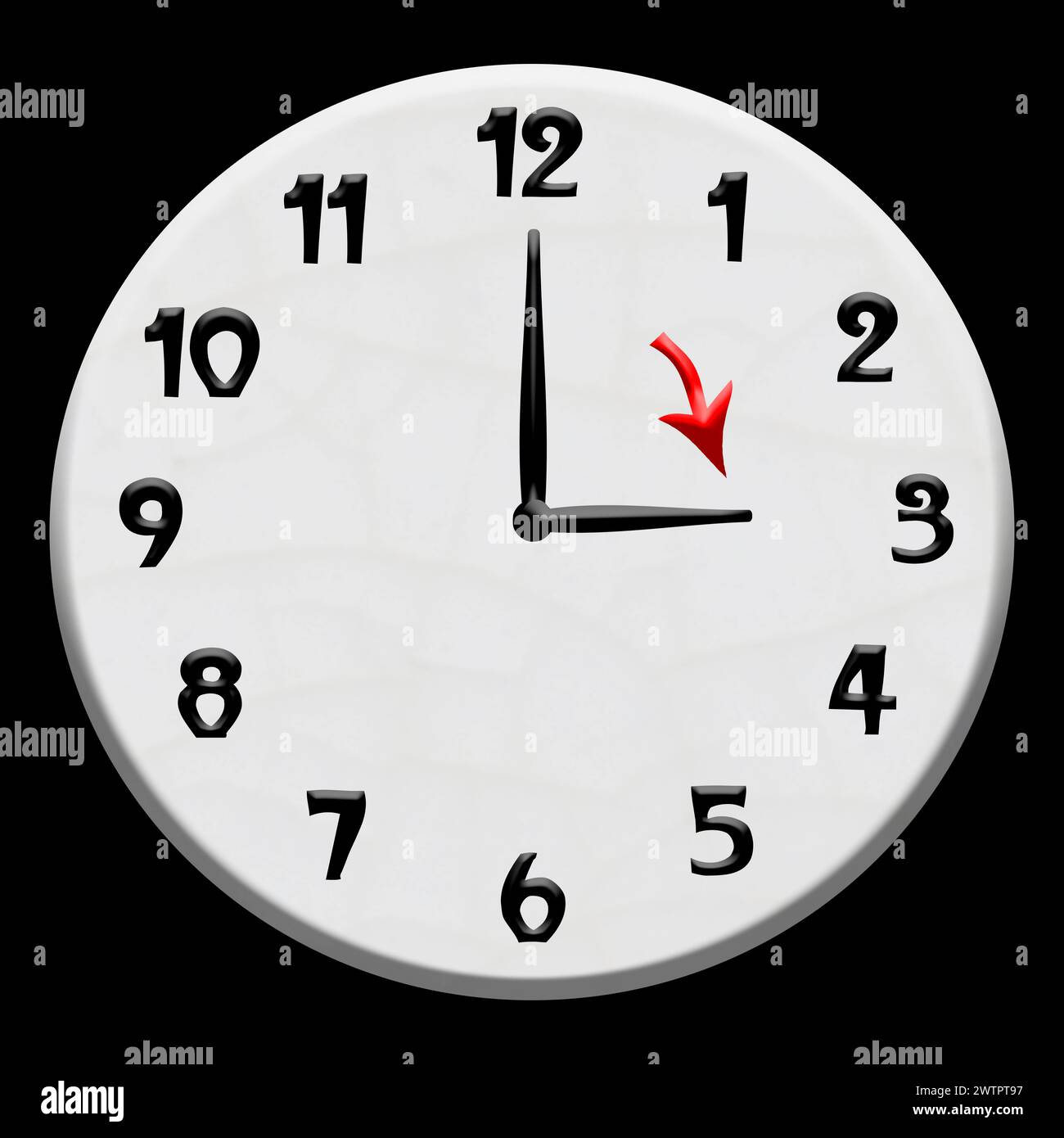 Digital composite. Clock face showing 3 oclock with an arrow pointing to the hour hand at three