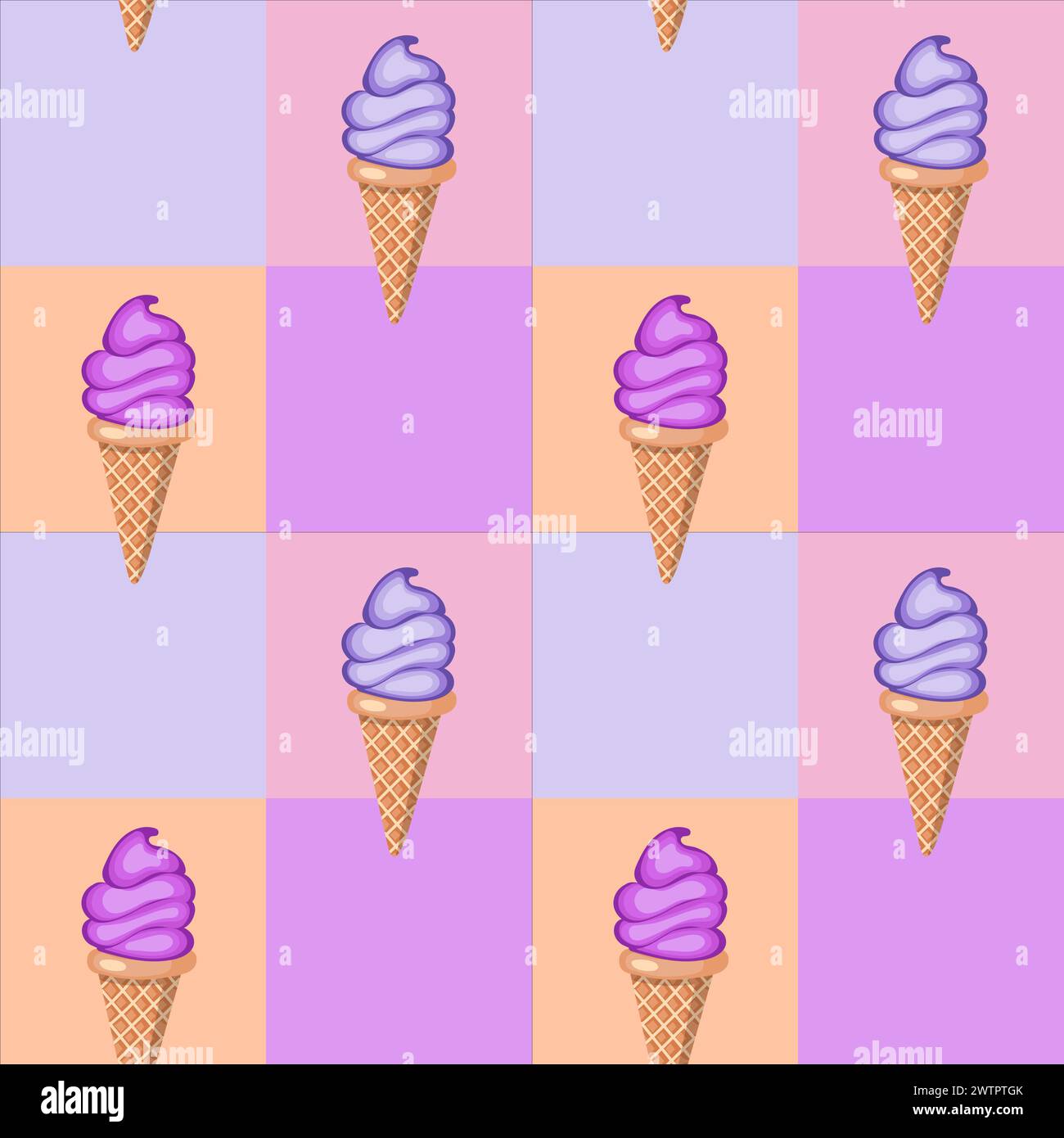 Multi-colored fruit ice cream in waffle cones. Seamless pattern. Vector illustration. Stock Vector