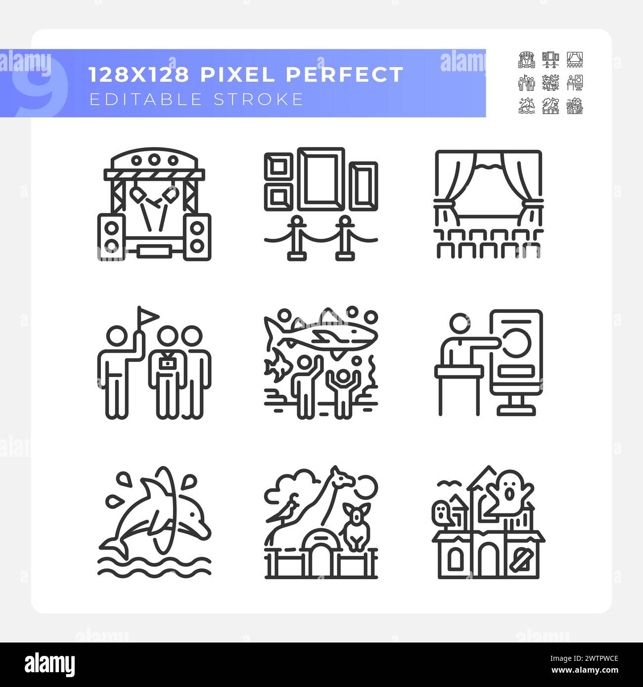 Entertainment events pixel perfect linear icons set Stock Vector