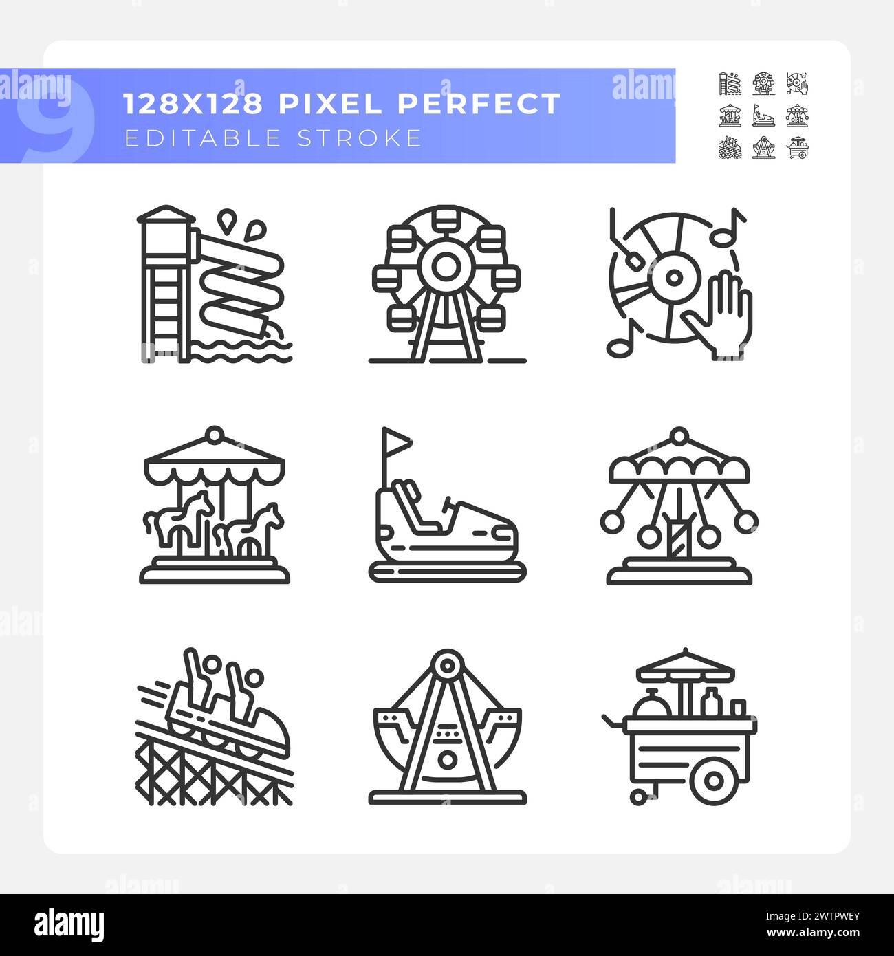 Amusement park attractions pixel perfect linear icons set Stock Vector ...