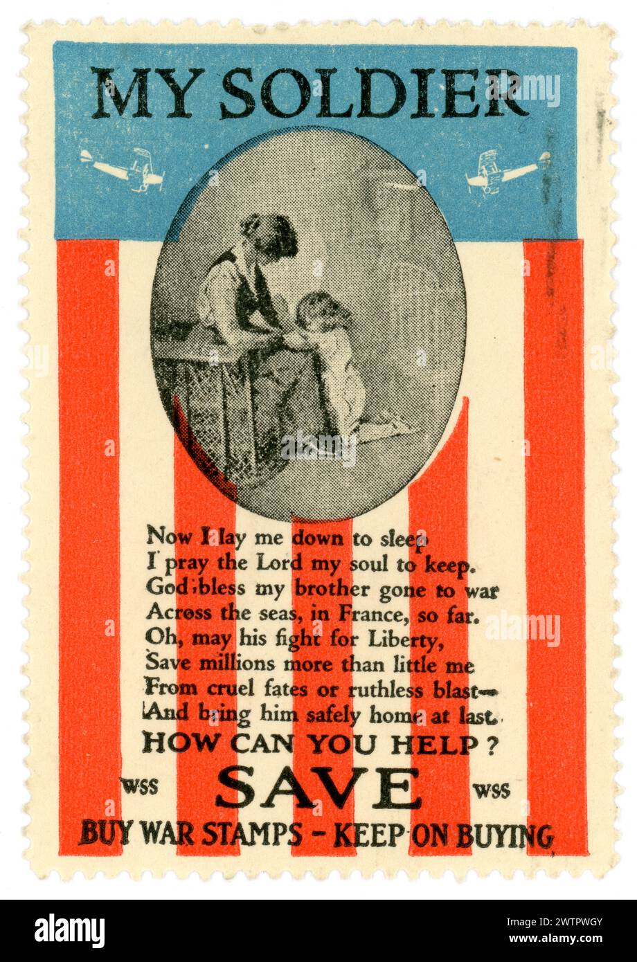 Original WW1 era American World War one savings stamps, patriotic image of USA stripes, poignant / propaganda image of child kneeling next to mother, planes. Title: My Soldier. Buy War Stamps Keep on Buying. Artwork by Hiram Harold Green, 1917. Printed by Matthews-Northrup & Co. WW1 War Savings Stamps W.S.S. could be purchased for 25 cents and, when enough were accumulated, they could be traded in for war bonds. This poster was created by American artist Hiram Harold Green in 1917. Stock Photo