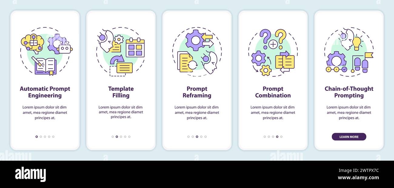 Prompt engineering techniques onboarding mobile app screen Stock Vector