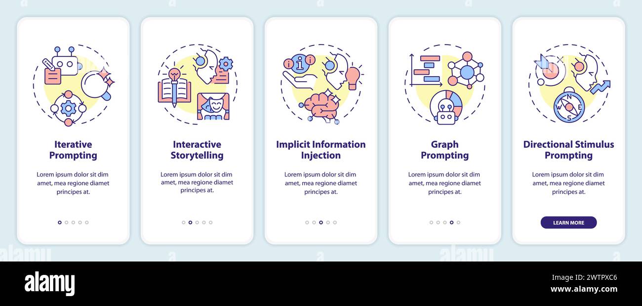 Prompt engineering strategies onboarding mobile app screen Stock Vector