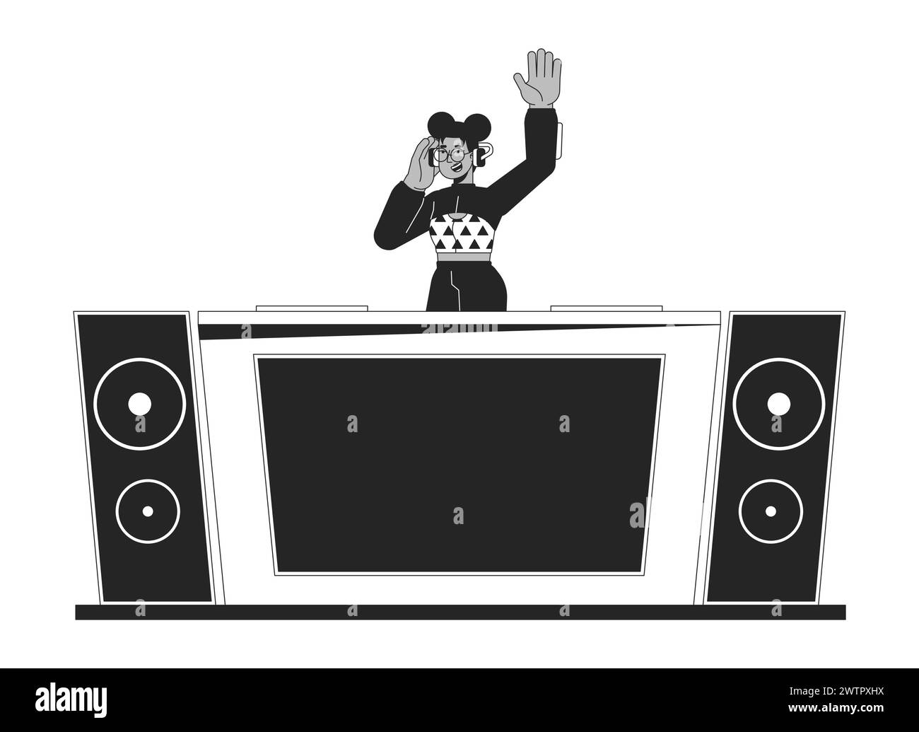African american dj at console black and white 2D line cartoon character Stock Vector