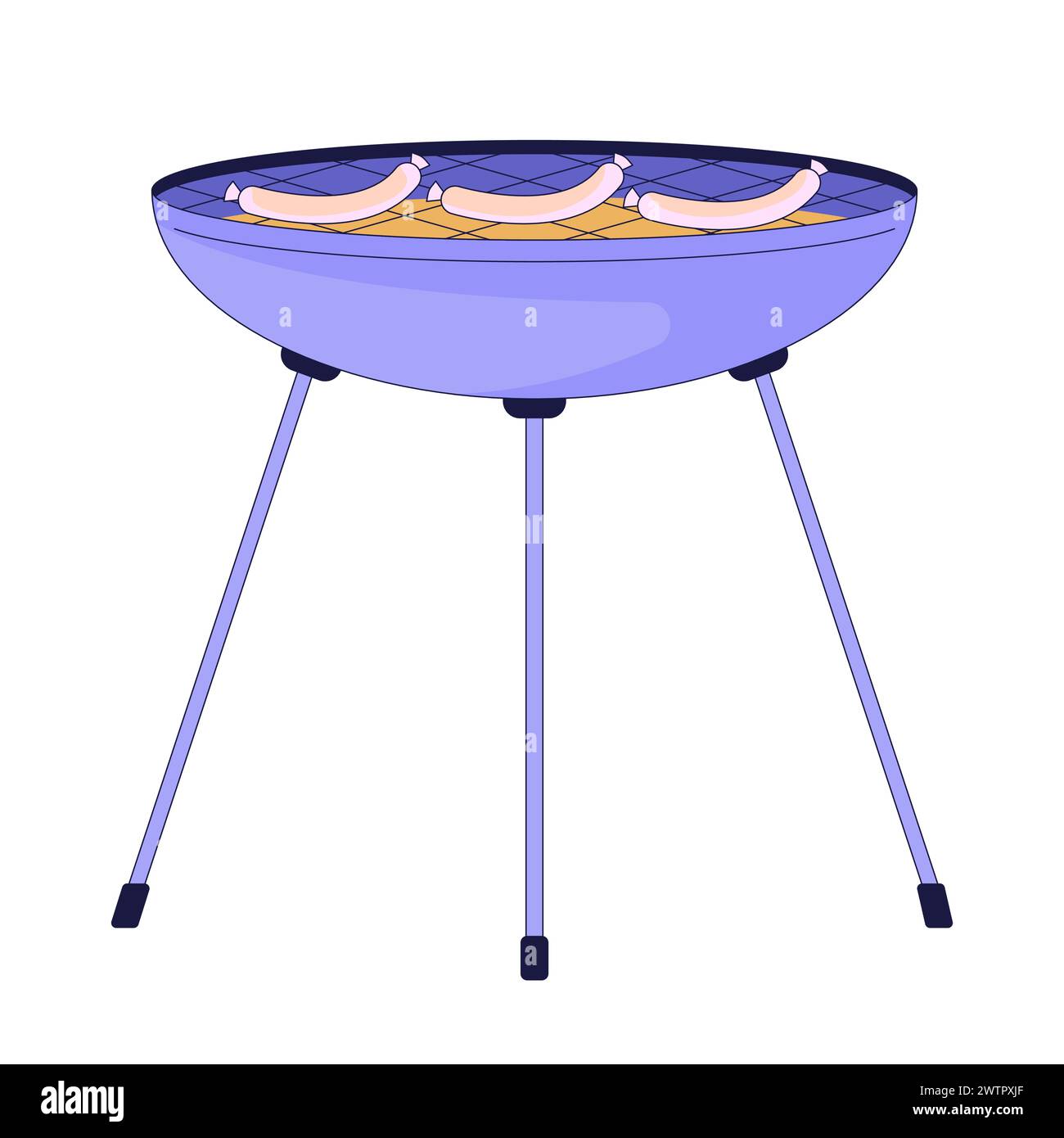 Cooking sausages on brazier 2D linear cartoon object Stock Vector
