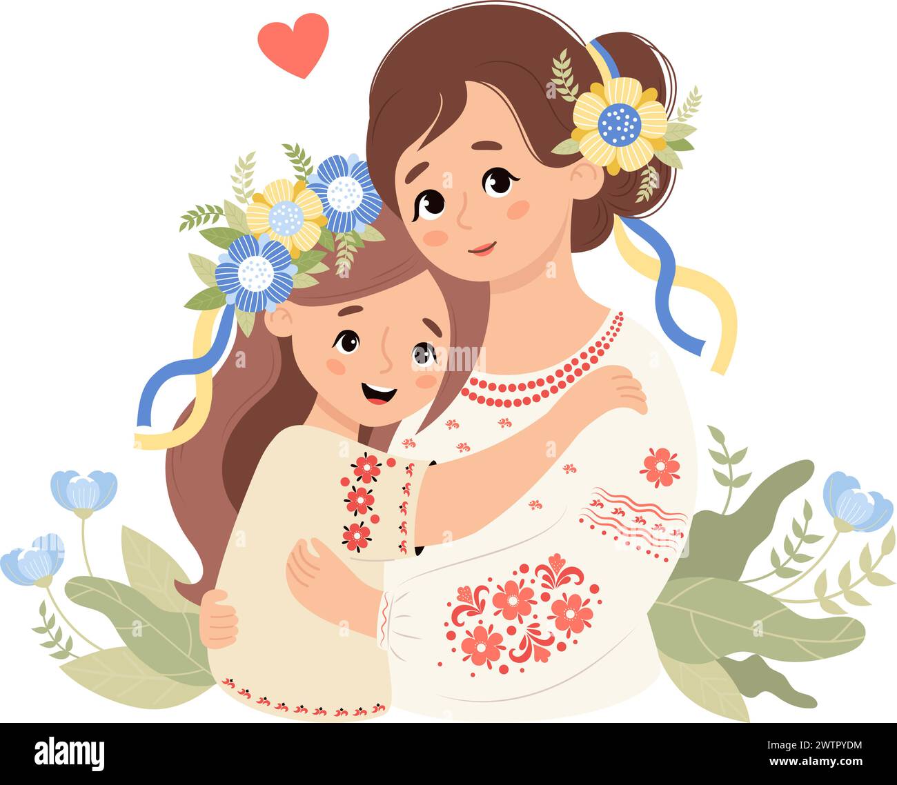Cute Ukrainian mother and daughter in traditional clothes embroidered shirt with floral wreath with yellow-blue ribbons. Vector illustration. Festive Stock Vector