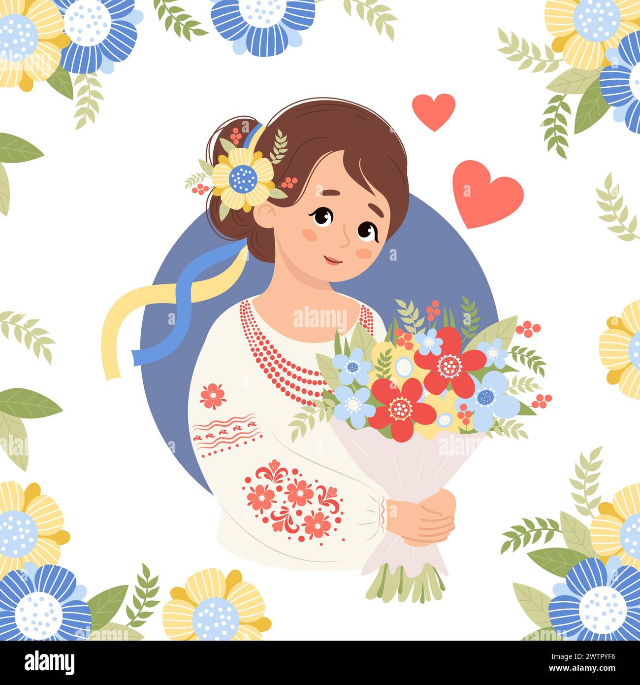 Ukrainian girl in traditional national embroidered shirt with bouquet. Cute female character for design festive birthday, Mother's day, Womens day. Sq Stock Vector