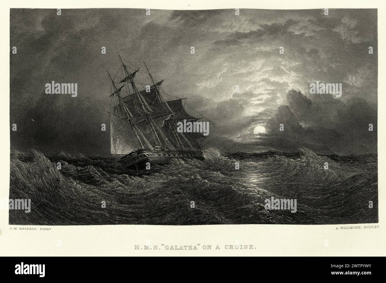 Vintage illustration HMS Galatea on a cruise, Royal navy warship sailing out of a storm, 19th Century art Stock Photo