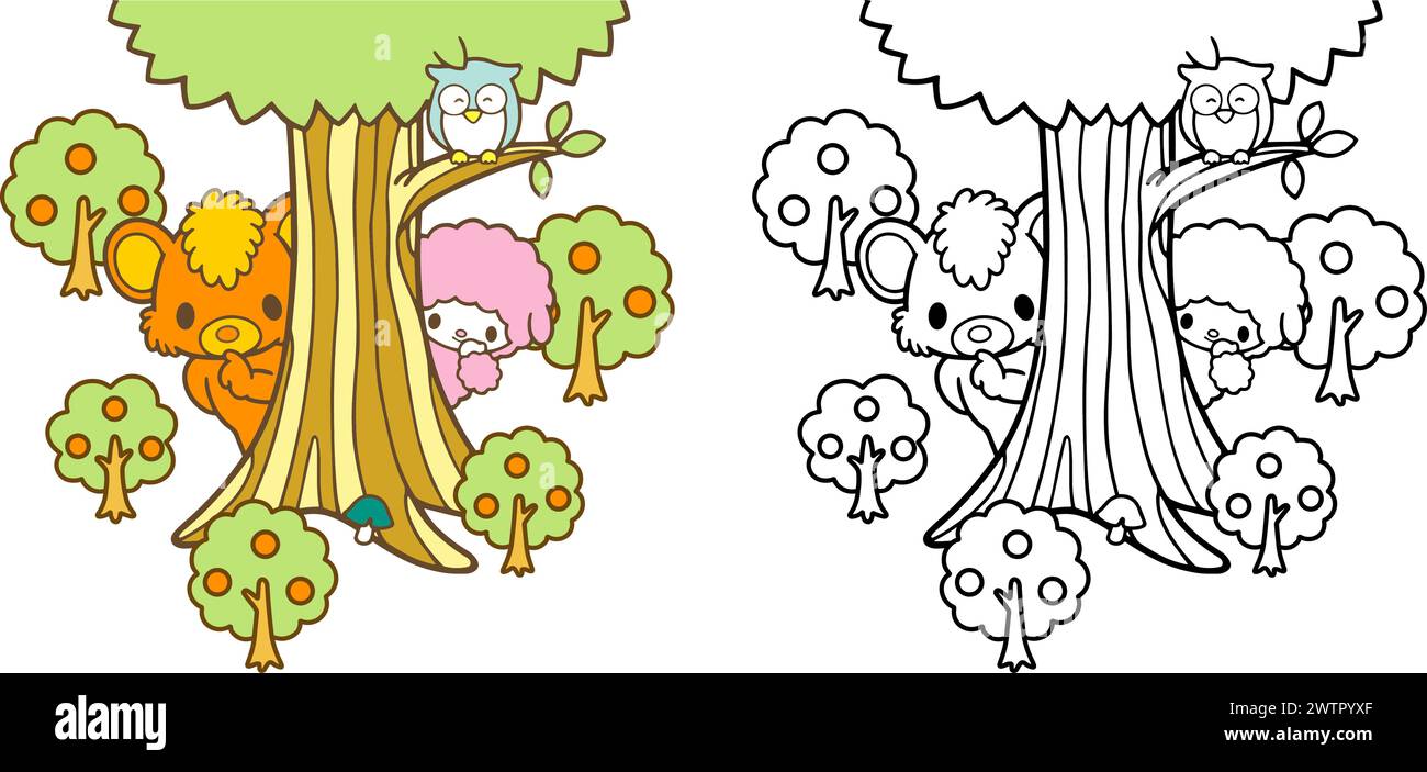 vector illustration funny cartoon of bear sheep and owl hiding and peep characters outline design for Coloring book children, drawing pages cover Stock Vector