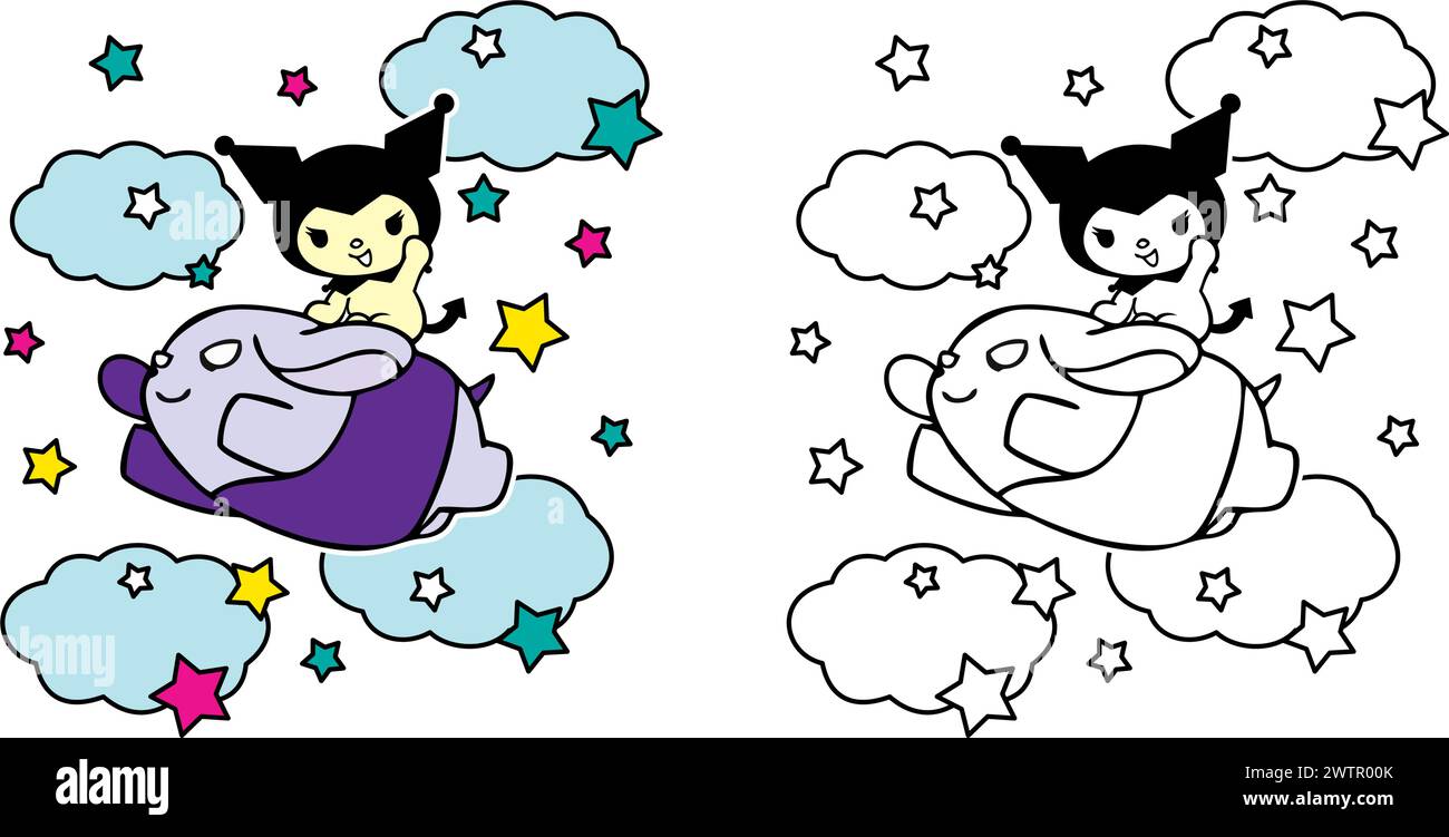 vector illustration of cute cartoon cat with cloud and stars for Coloring book children, drawing pages cover, screen printing shirts, printable Stock Vector