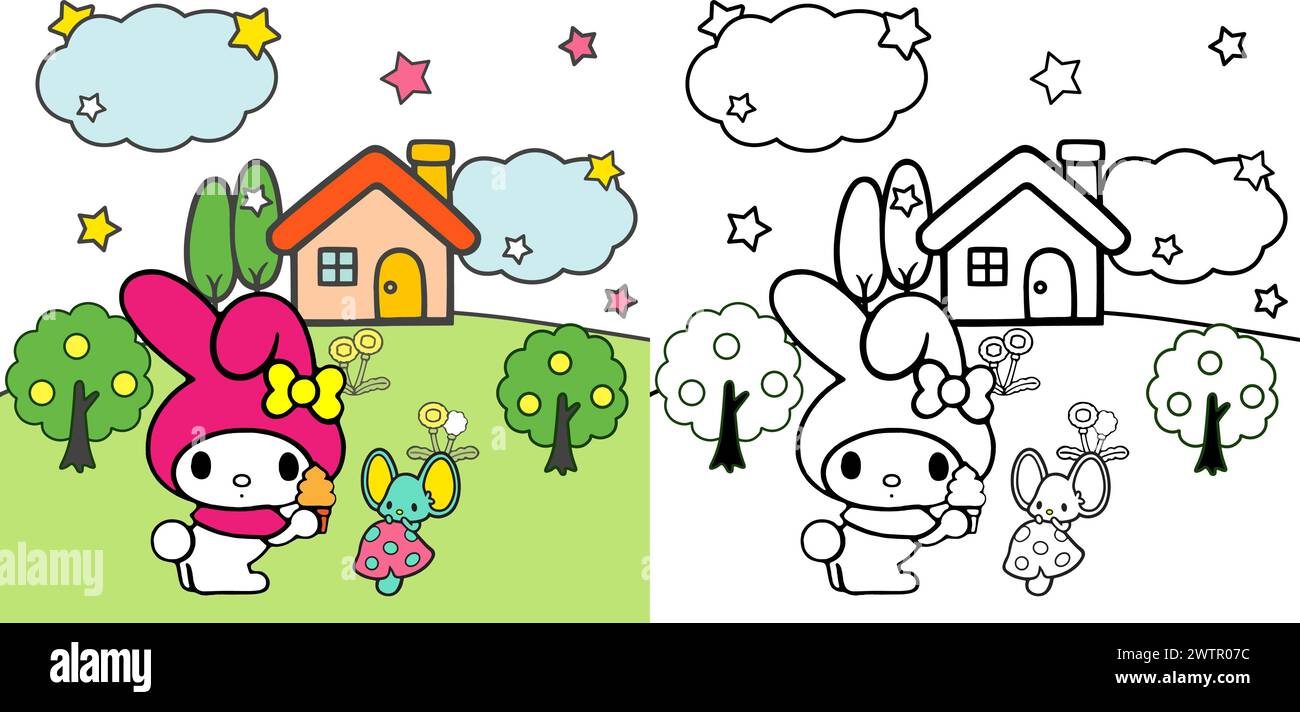 vector illustration Cute cartoon animals in colorful gardens black white and color versions for Coloring book children, drawing pages cover Stock Vector