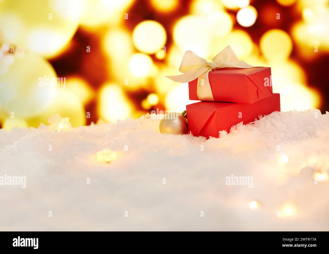 Christmas, lights and gifts with package, decorations and present with