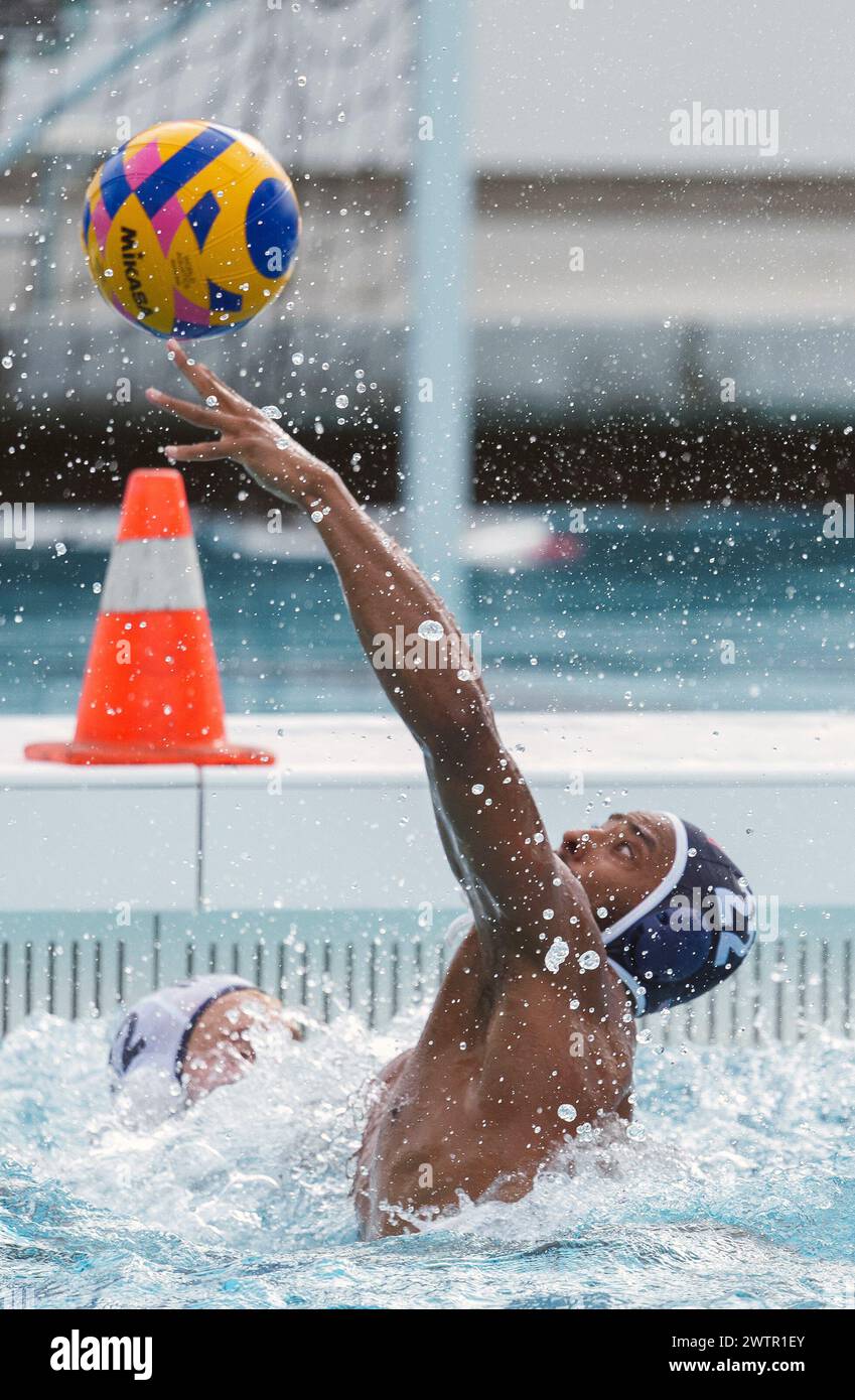 U.S. Olympic Water Polo Team attacker Max Irving, right, trains for the