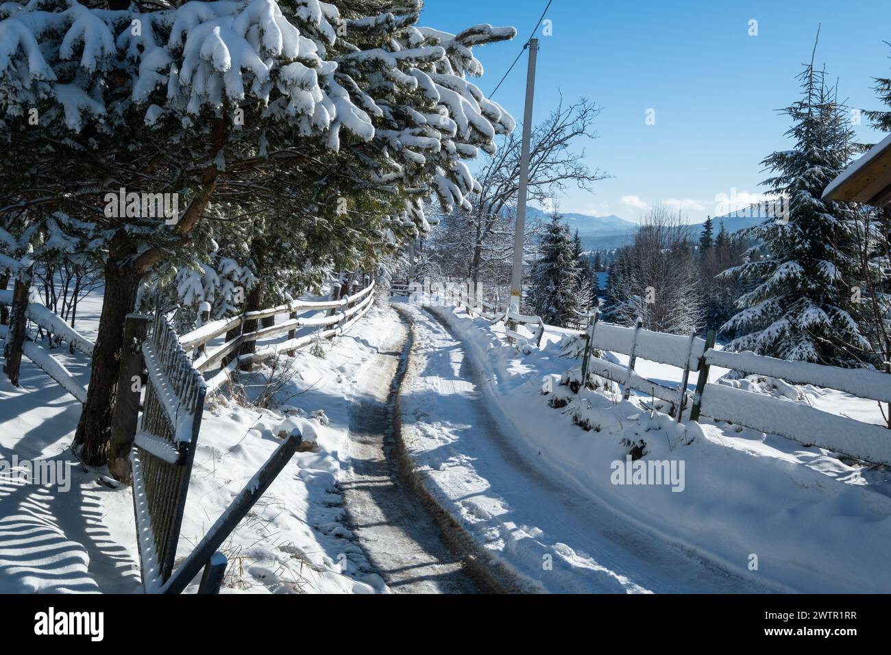 Winter picturesque mountains scenery view from Yablunytsia pass, Carpathians, Ukraine. Stock Photo