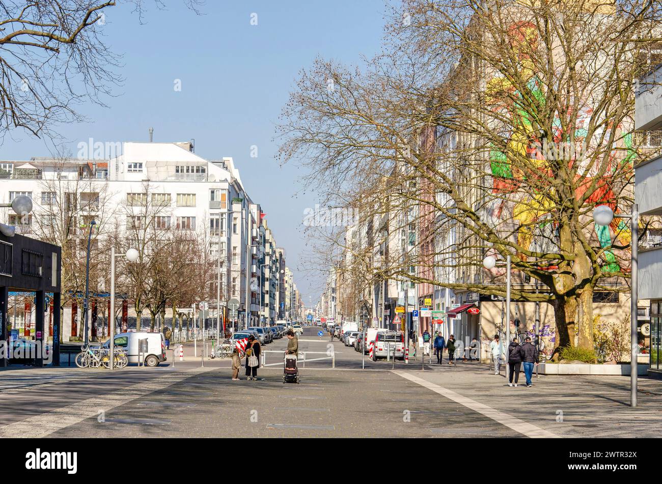 Berlin, Germany, March 8, 2024: pedestrian strip at the end of Friedrichstrasse in district Mitte on a sunny day in springtime Stock Photo