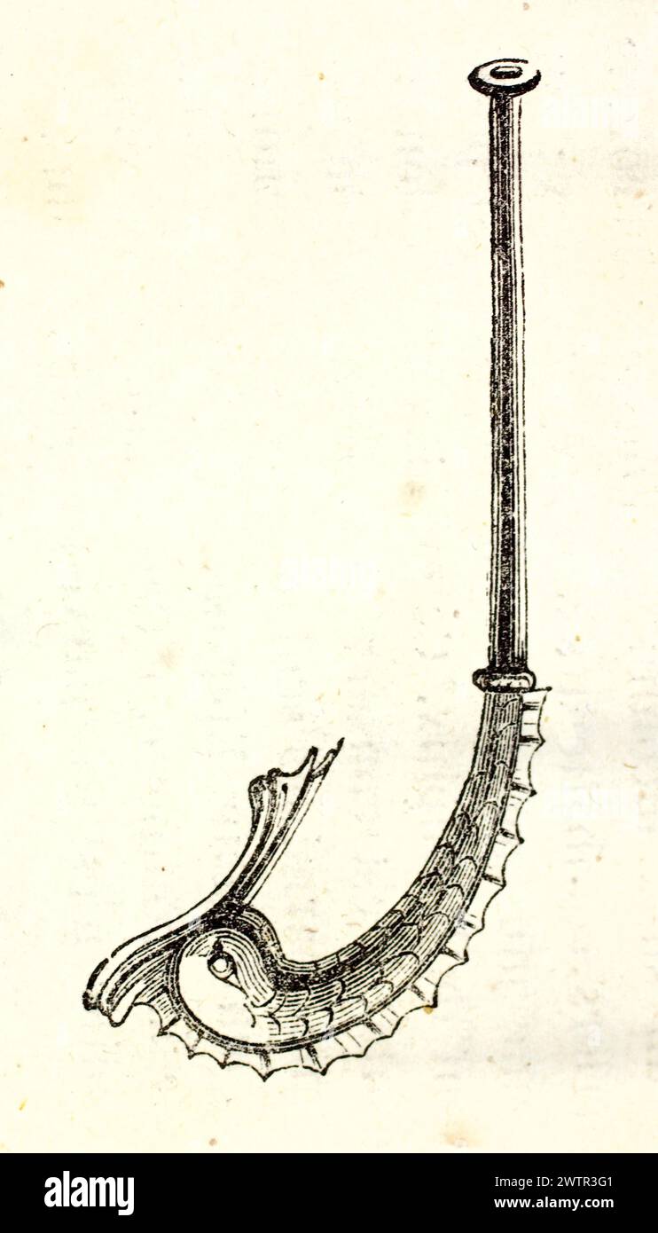 Ancient-style grayscale engraving: Seahorse-shaped pipe-like object. Unknown author, Magazine Pittoresque 1852. Stock Photo