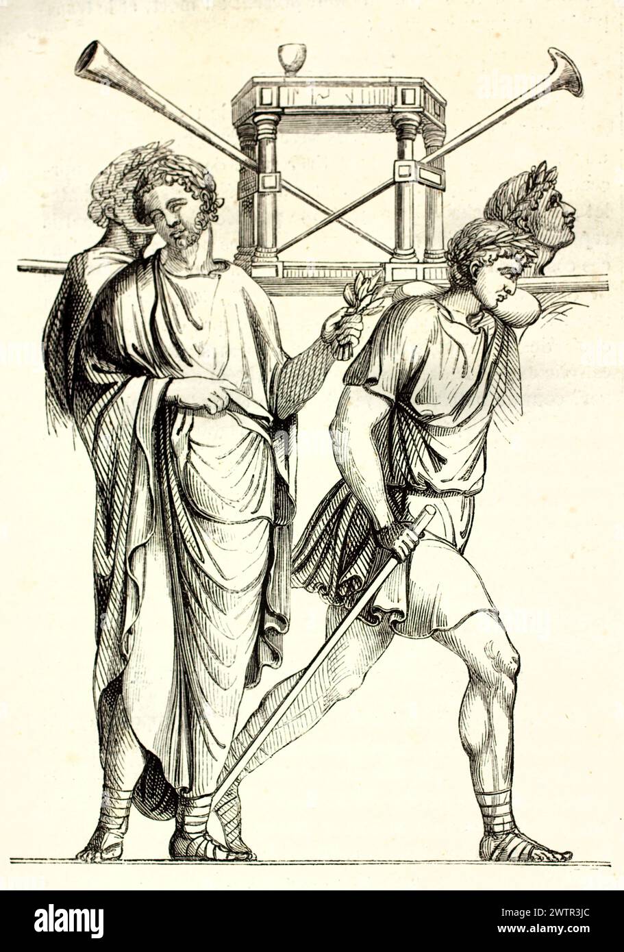 Processional scene from bas-relief on Arch of Titus, with Roman figures carrying spoils. Engraved reproduction by unknown author, published in 1852. Stock Photo