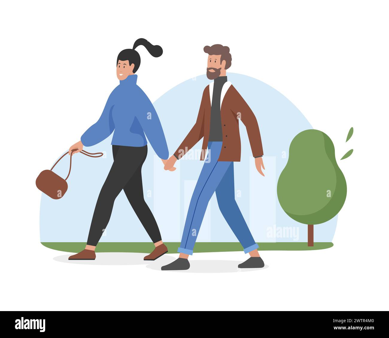 Couple walking on windy weather. Autumn outdoor romantic date cartoon vector illustration Stock Vector