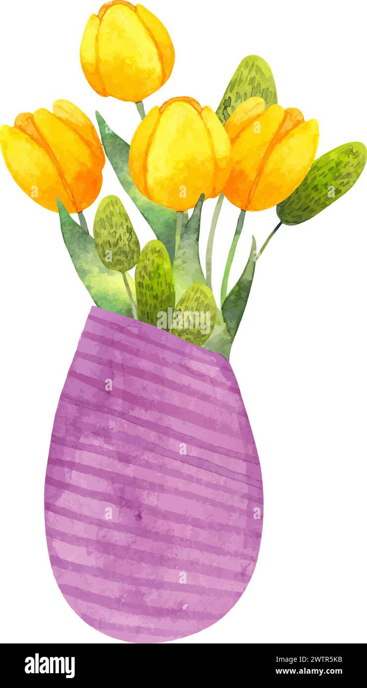 Composition of yellow tulips in a vase. Purple vase with flowers and ...