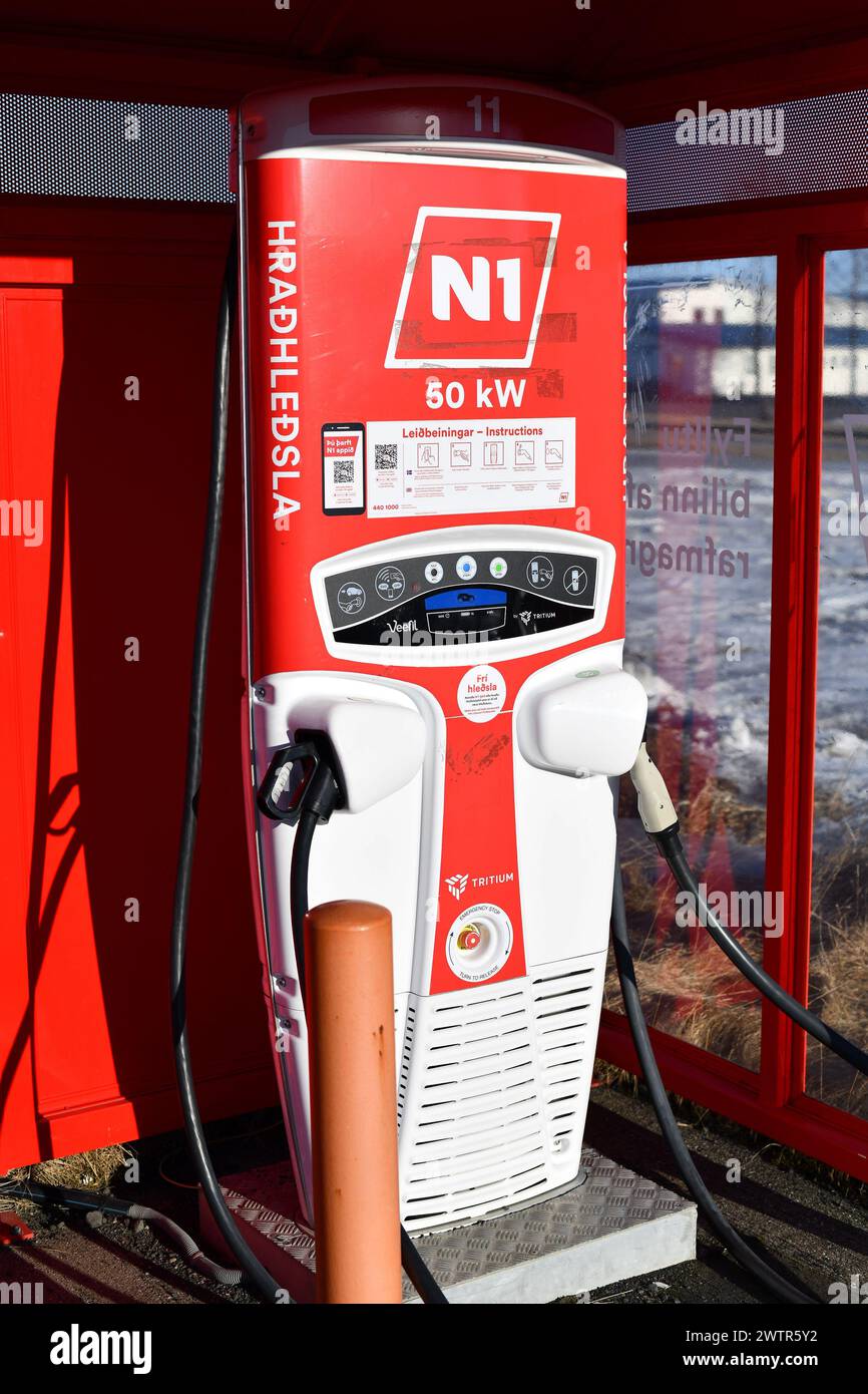 Electric car charging point in a public car park in Iceland Stock Photo