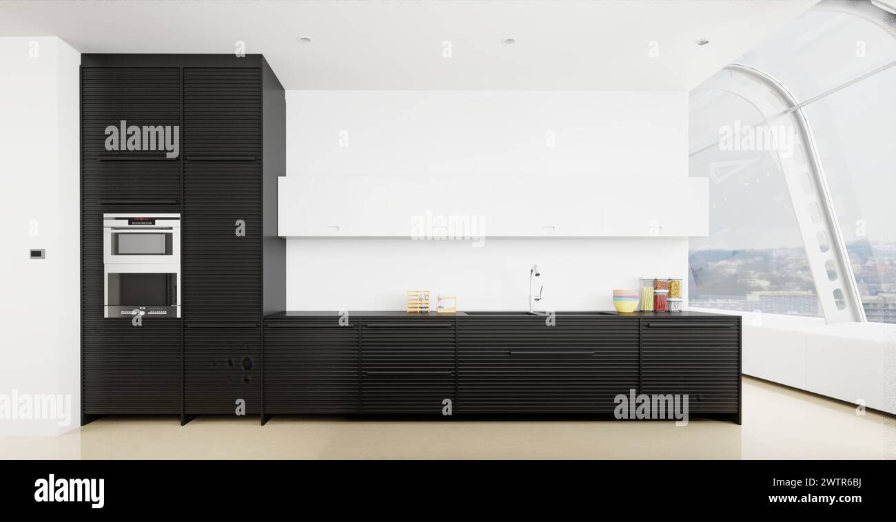 Interior of a modern kitchen with black cabinets and built in appliance ...