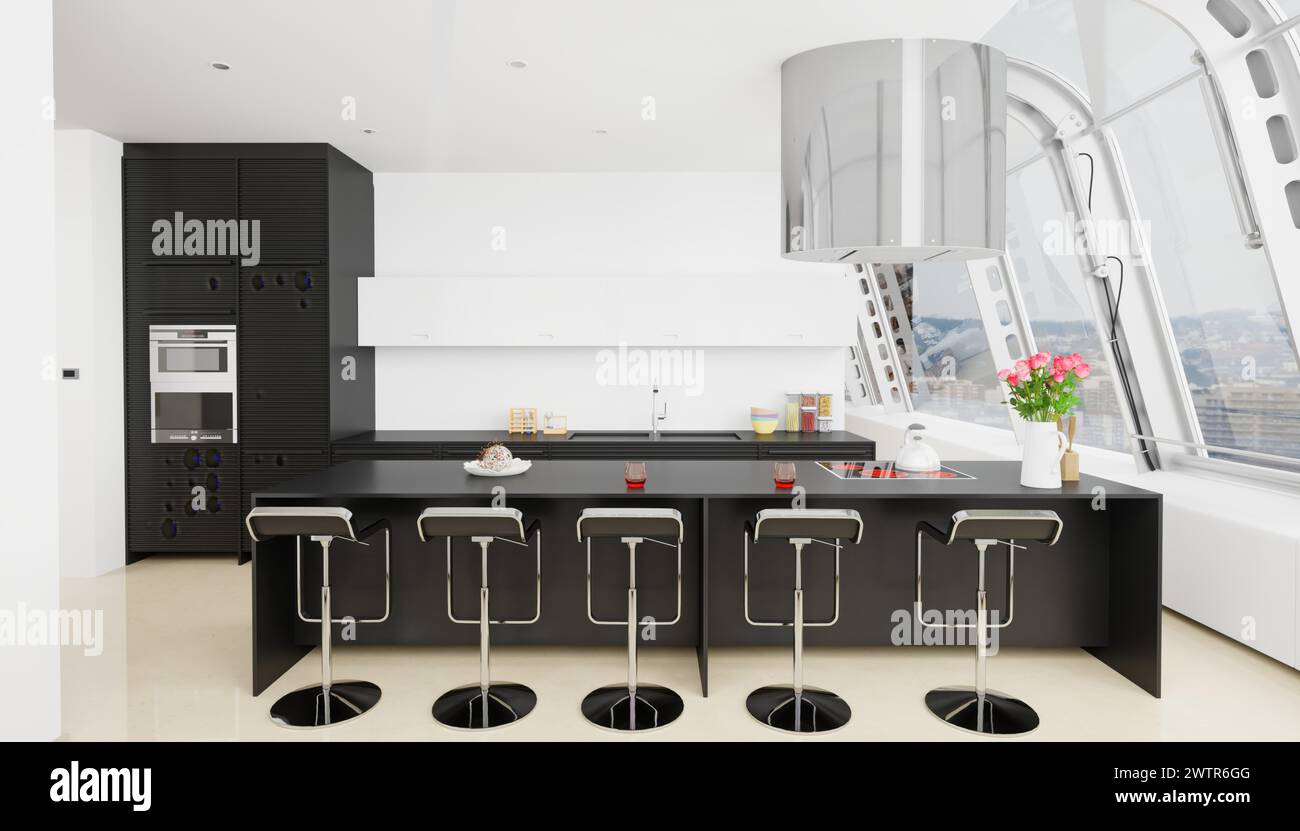 black modern kitchen in a house with a beautiful design Stock Photo