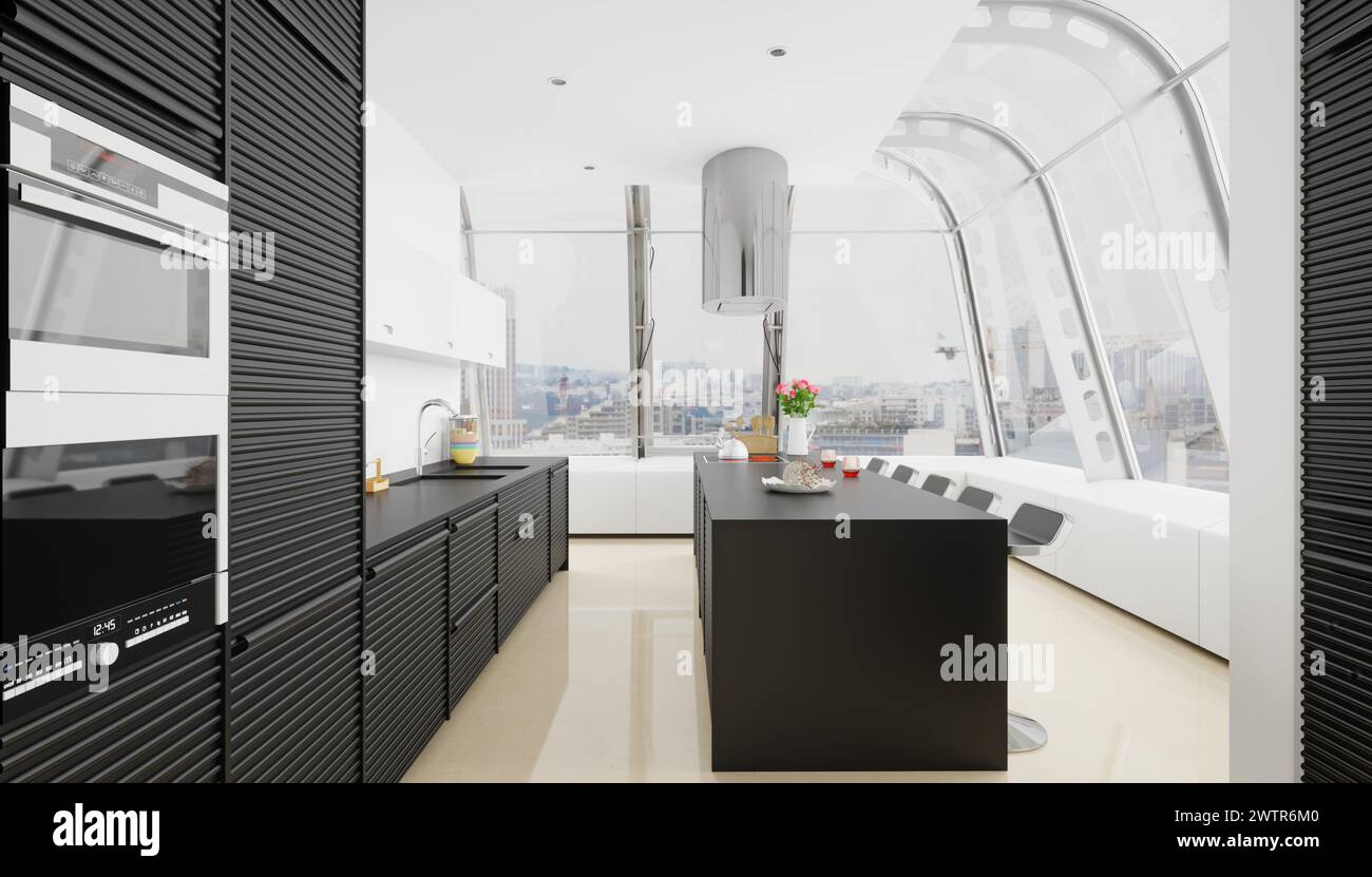 interior of modern kitchen with black and white furniture Stock Photo ...