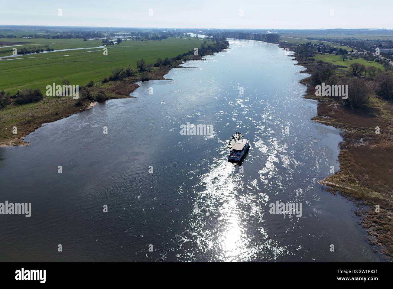 Magdeburg, Germany. 19th Mar, 2024. The excursion boat 'Sachsen Anhalt' of the Weisse Flotte Magdeburg keeps the yaw ferry 'Westerhüsen' in position on the Elbe so that employees can replace around 350m of steel cables. The ferry, which dates back to 1933, is an important link to the Elbe cycle path in Saxony-Anhalt. Credit: Peter Gercke/dpa-Zentralbild/ZB/dpa/Alamy Live News Stock Photo