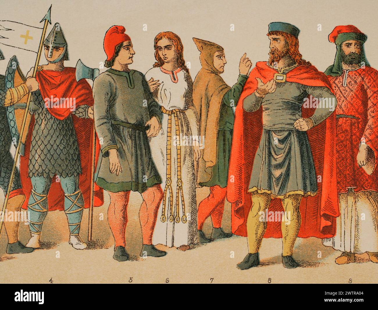 History of France, 1000. From left to right, 4: warrior, 5-6-7: ordinary people, 8-9: noblemen. Chromolithography. 'Historia Universal', by César Cantú. Volume V, 1884. Stock Photo