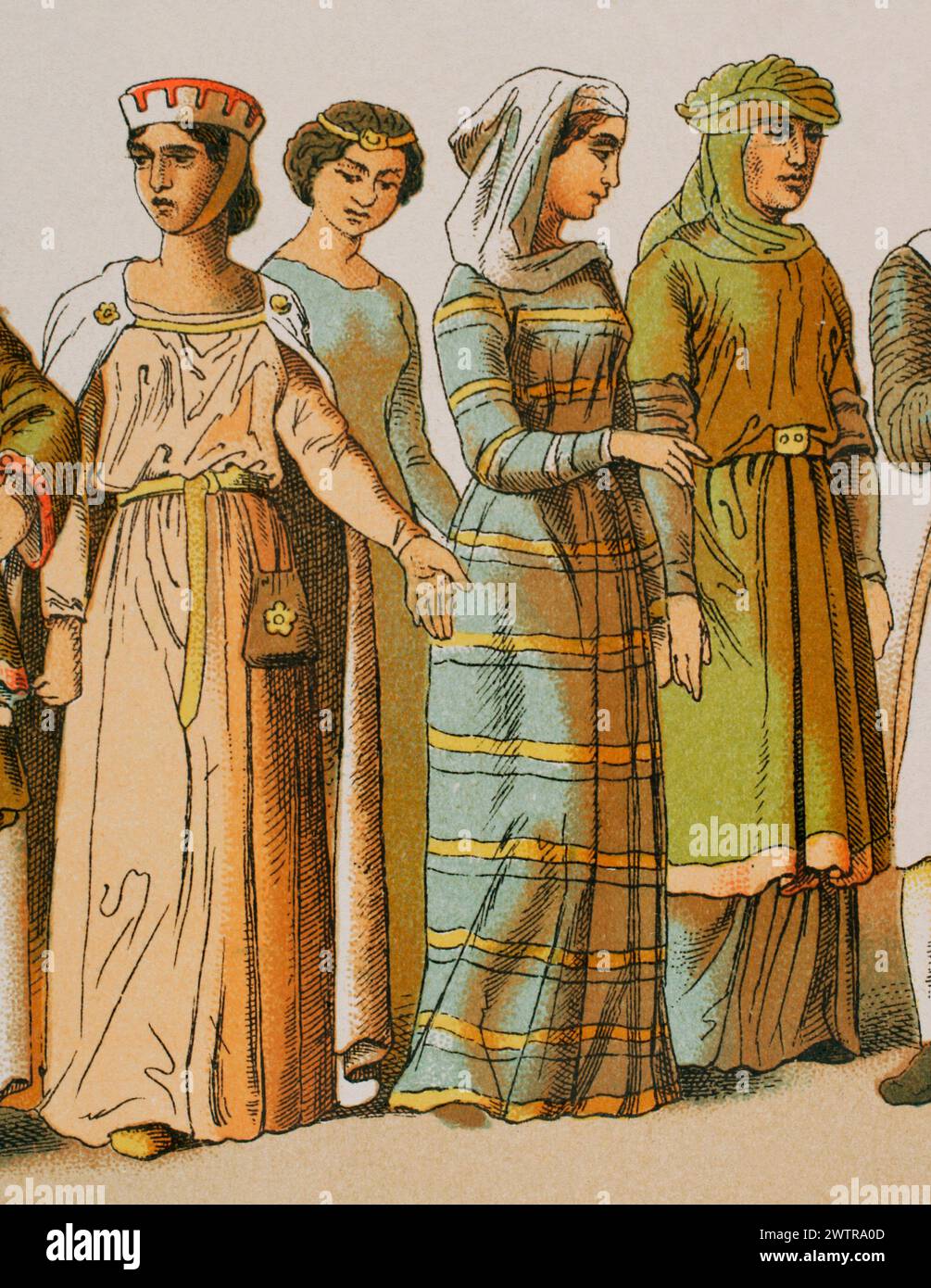 History of France, 1100. Noble ladies. Chromolithography. 'Historia Universal', by César Cantú. Volume V, 1884. Stock Photo