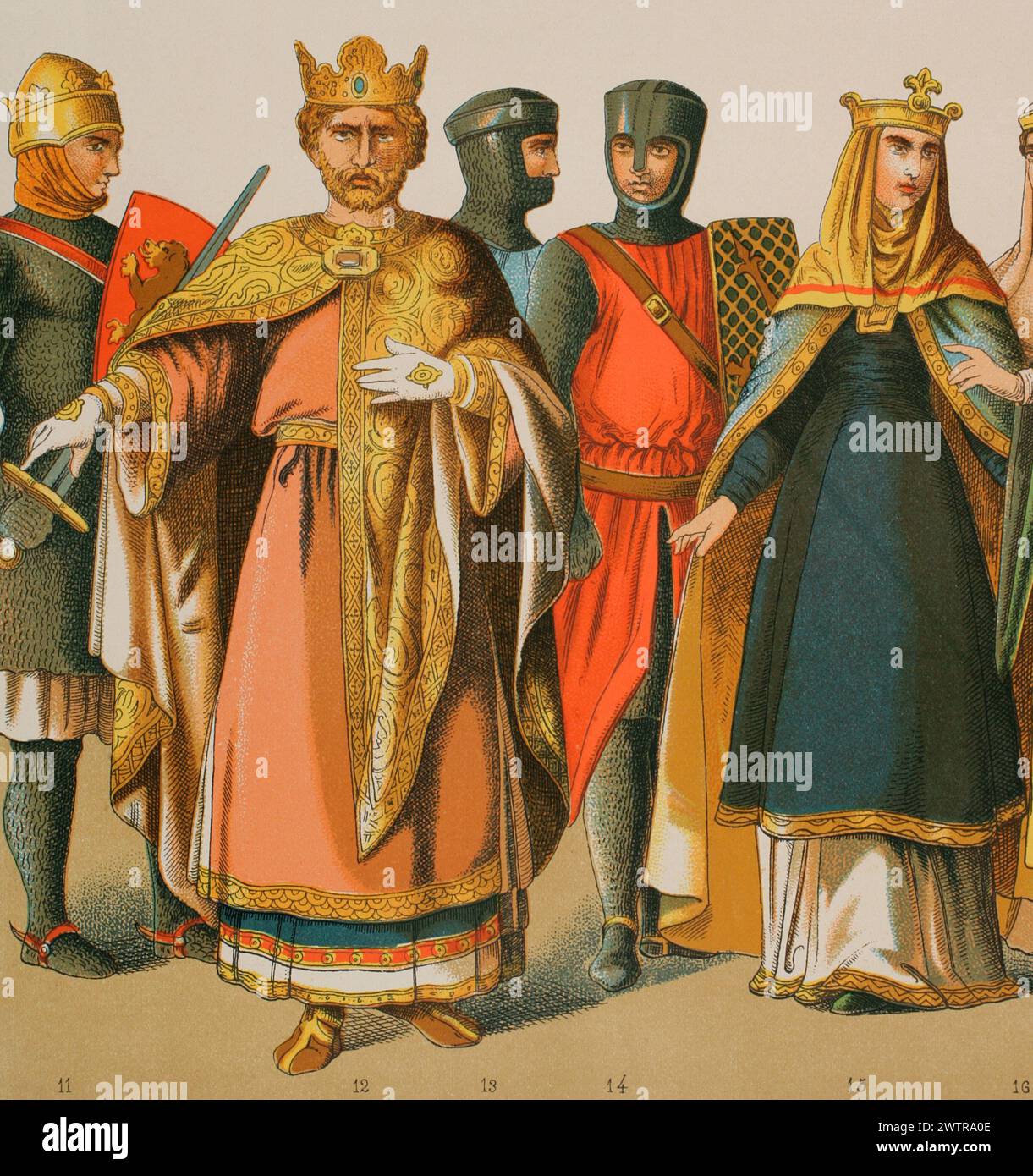 Normans, 1000-1100. From left to right: King Richard I of England (1157-1199), knights and queen. Chromolithography. 'Historia Universal', by César Cantú. Volume V, 1884. Stock Photo