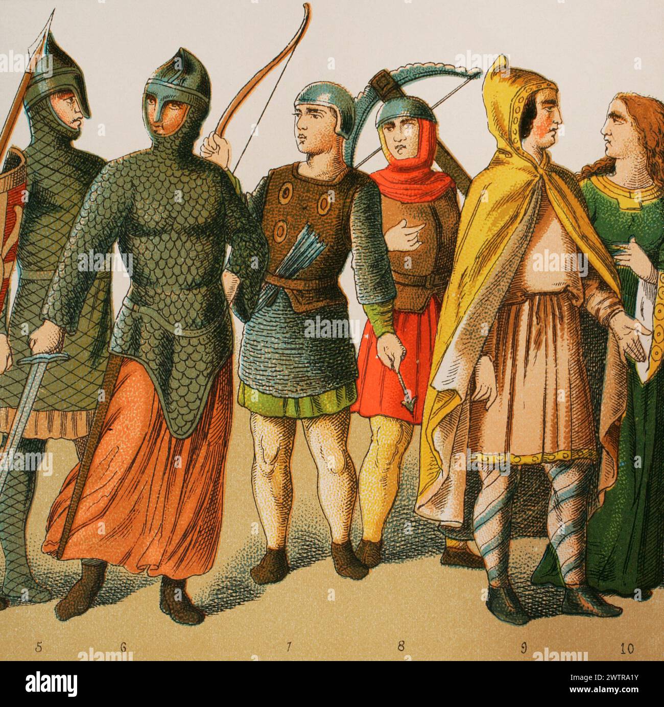 Normans, 1000-1100. From left to right: 5-6-7-8: warriors, 9: nobleman, 10: noble lady. Chromolithography. 'Historia Universal', by César Cantú. Volume V, 1884. Stock Photo