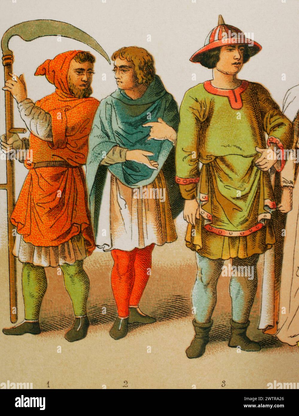 History of France, 1100. From left to right, 1-2: ploughmen, 3: nobleman. Chromolithography. 'Historia Universal', by César Cantú. Volume V, 1884. Stock Photo