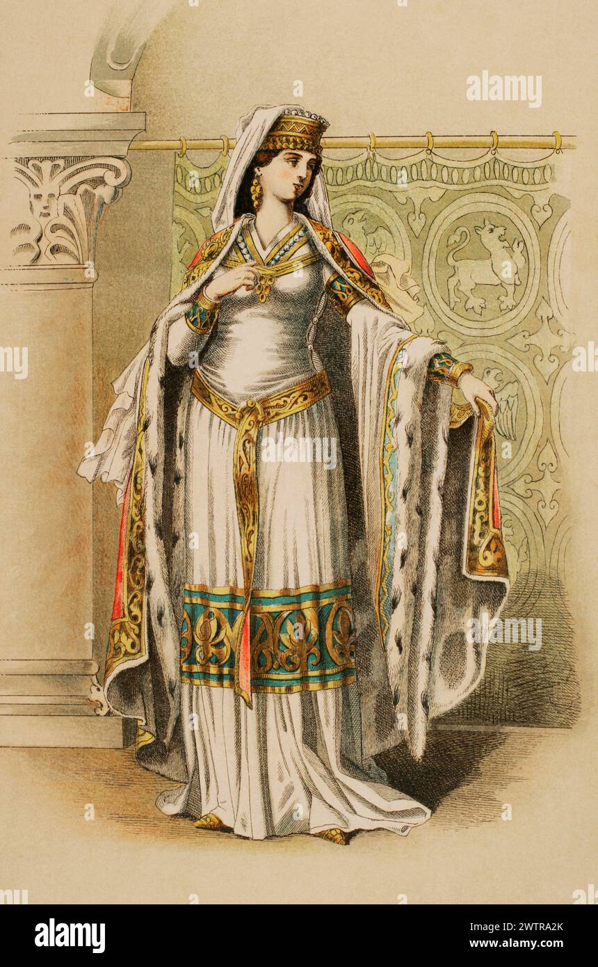 Noblewoman from the time of the reign of Emperor Frederick Barbarossa (1155-1199). Chromolithography. 'Historia Universal', by César Cantú. Volume V, 1884. Stock Photo