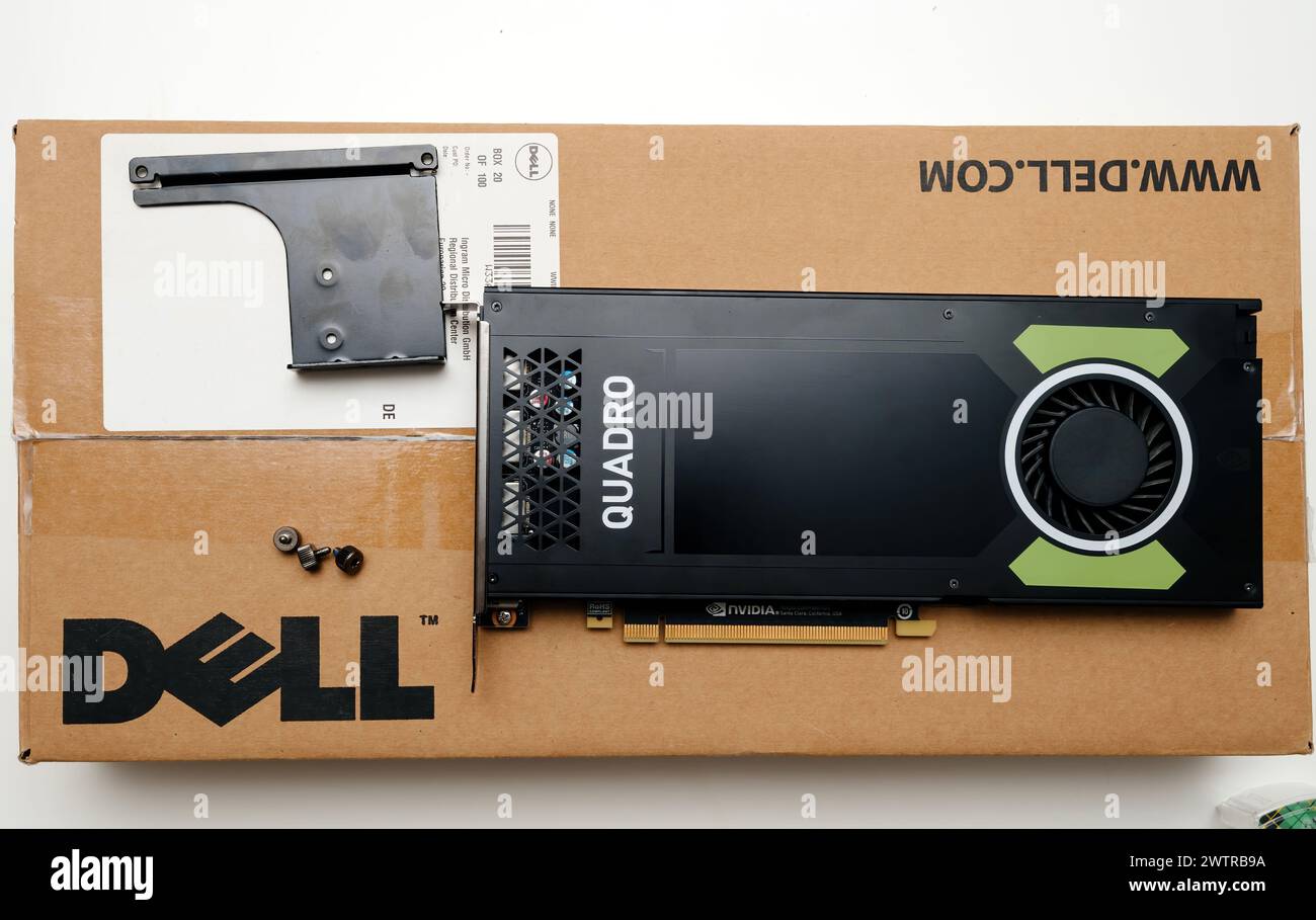 Paris, France - Jun 4, 2019: NVIDIA Quadro GPU with accessories, ready for installation, on a Dell cardboard box - professional upgrade with Ai on a workstation Stock Photo