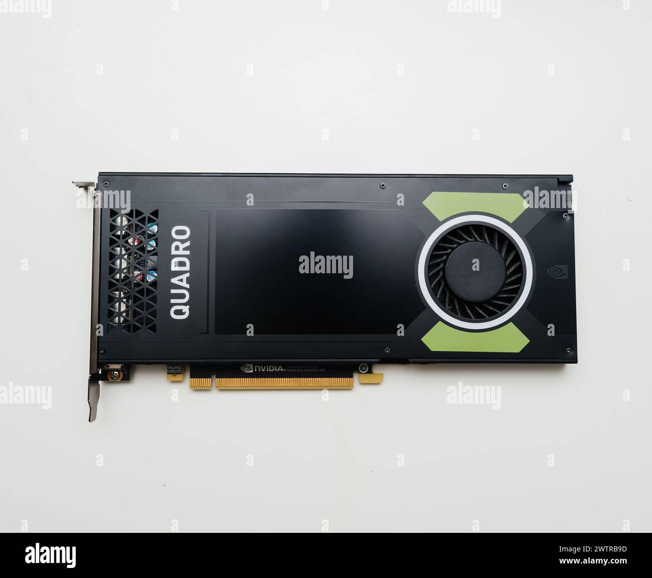 Paris, France - Jun 4, 2019: NVIDIA Quadro graphics card isolated against a white background, showcasing technical design. Stock Photo