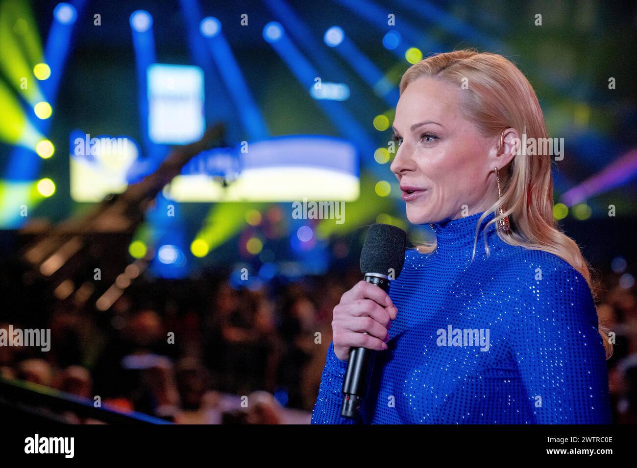 DARYNA TREGUBOVA moderating the solidarity concert 'United for Ukraine' in the Wiener Stadthalle in Vienna. Organised by 'All for Ukraine - Hilfe für Stock Photo