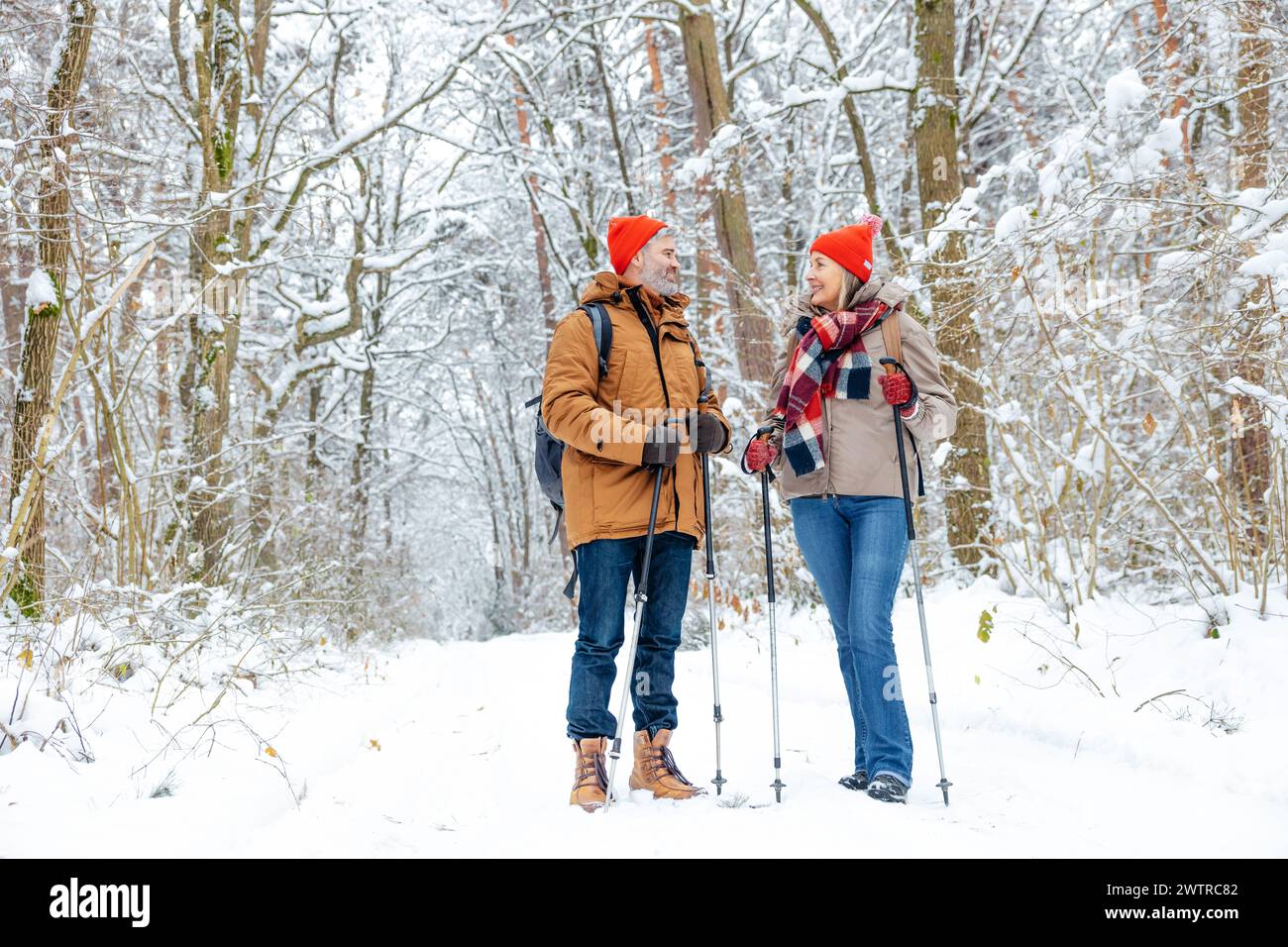 Mature couple having a walk in a snowy forest with scandinavian sticks ...