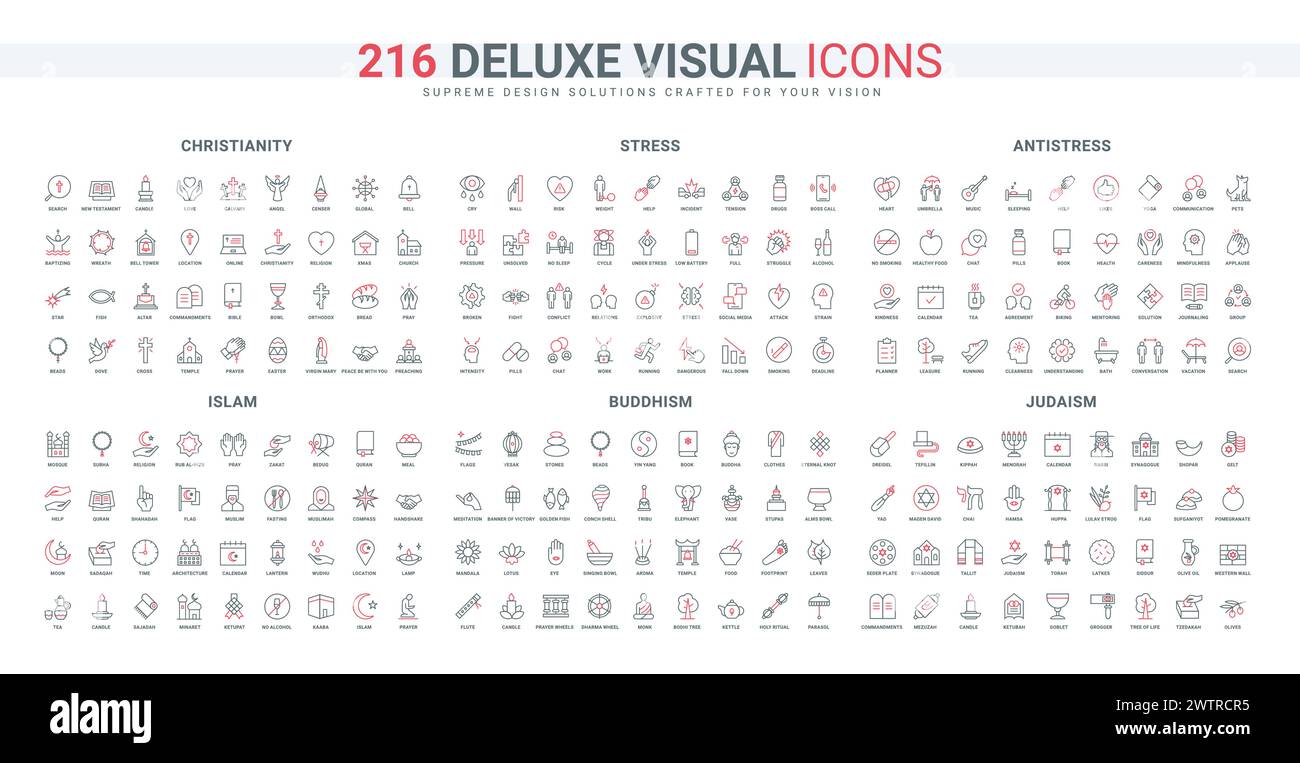 Religion, mental health and stress management line icons set. Christian, Buddhist, Muslim and Jews religious holy temple, food and prayers thin black and red outline symbols vector illustration Stock Vector