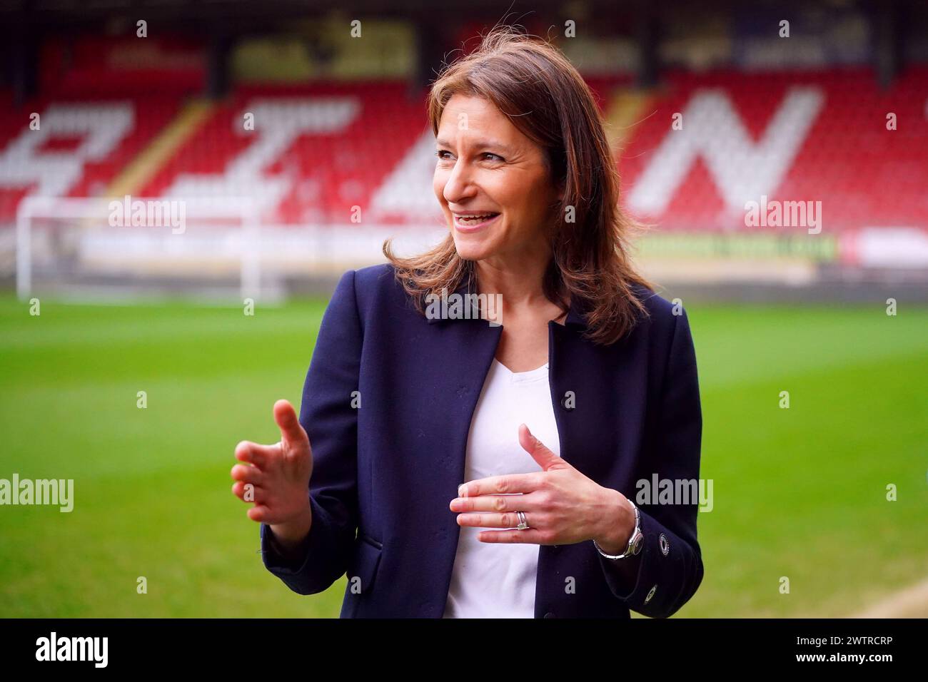 Secretary of State for Culture, Media, and Sport Lucy Frazer at Brisbane Road, home of Leyton Orient Football Club, London. Picture date: Tuesday March 19, 2024. Stock Photo