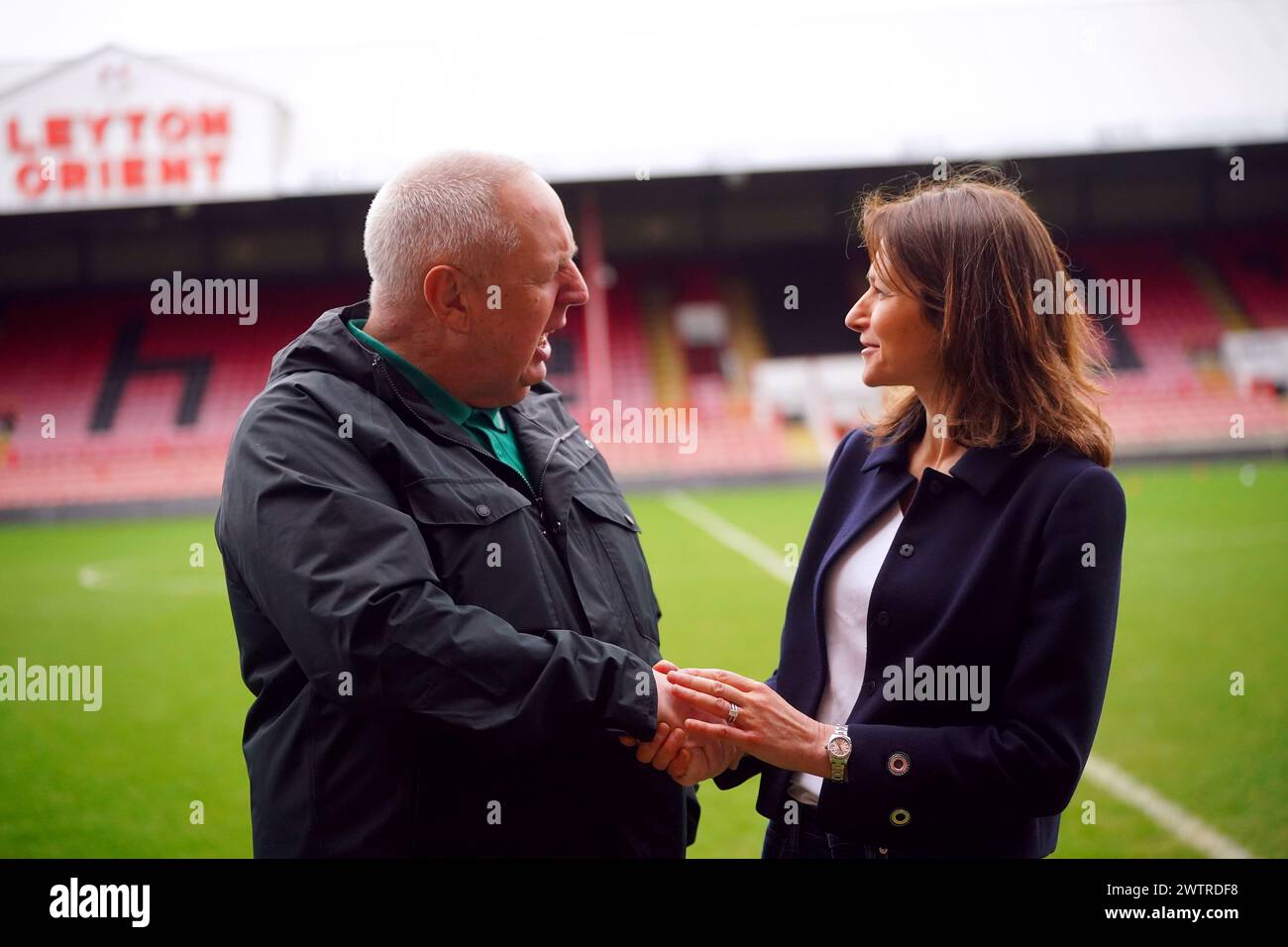 Secretary of State for Culture, Media, and Sport Lucy Frazer with Chief Executive at the Football Supporters' Association Kevin Miles at Brisbane Road, home of Leyton Orient Football Club, London. Picture date: Tuesday March 19, 2024. Stock Photo