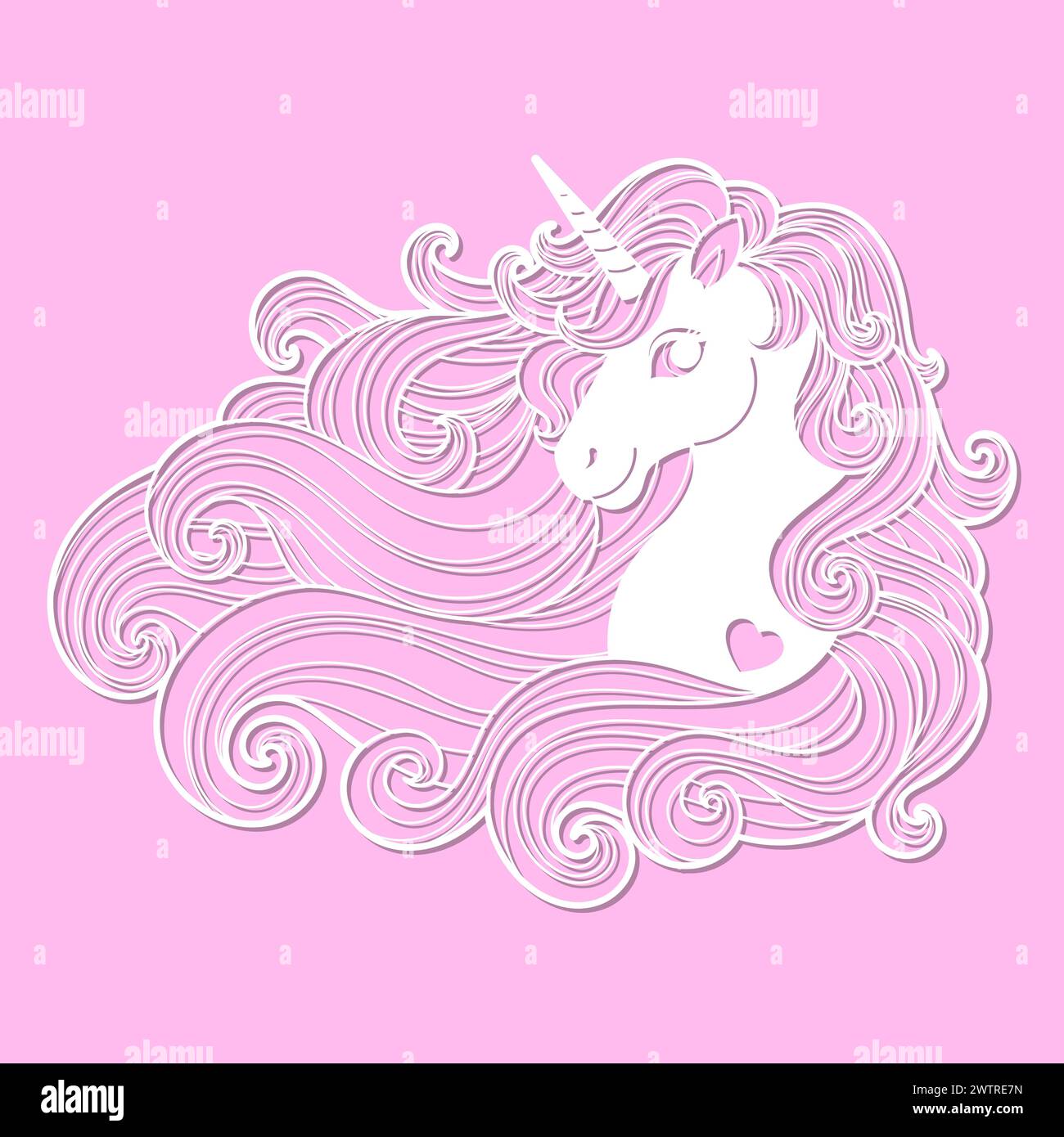 Unicorn head with long mane. Template for laser cutting from paper, wood, cardboard, metal. For the design of greeting cards, stickers, interior eleme Stock Vector