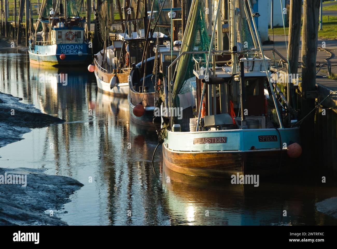 several boats tied up at a dock near the shore line Stock Photo