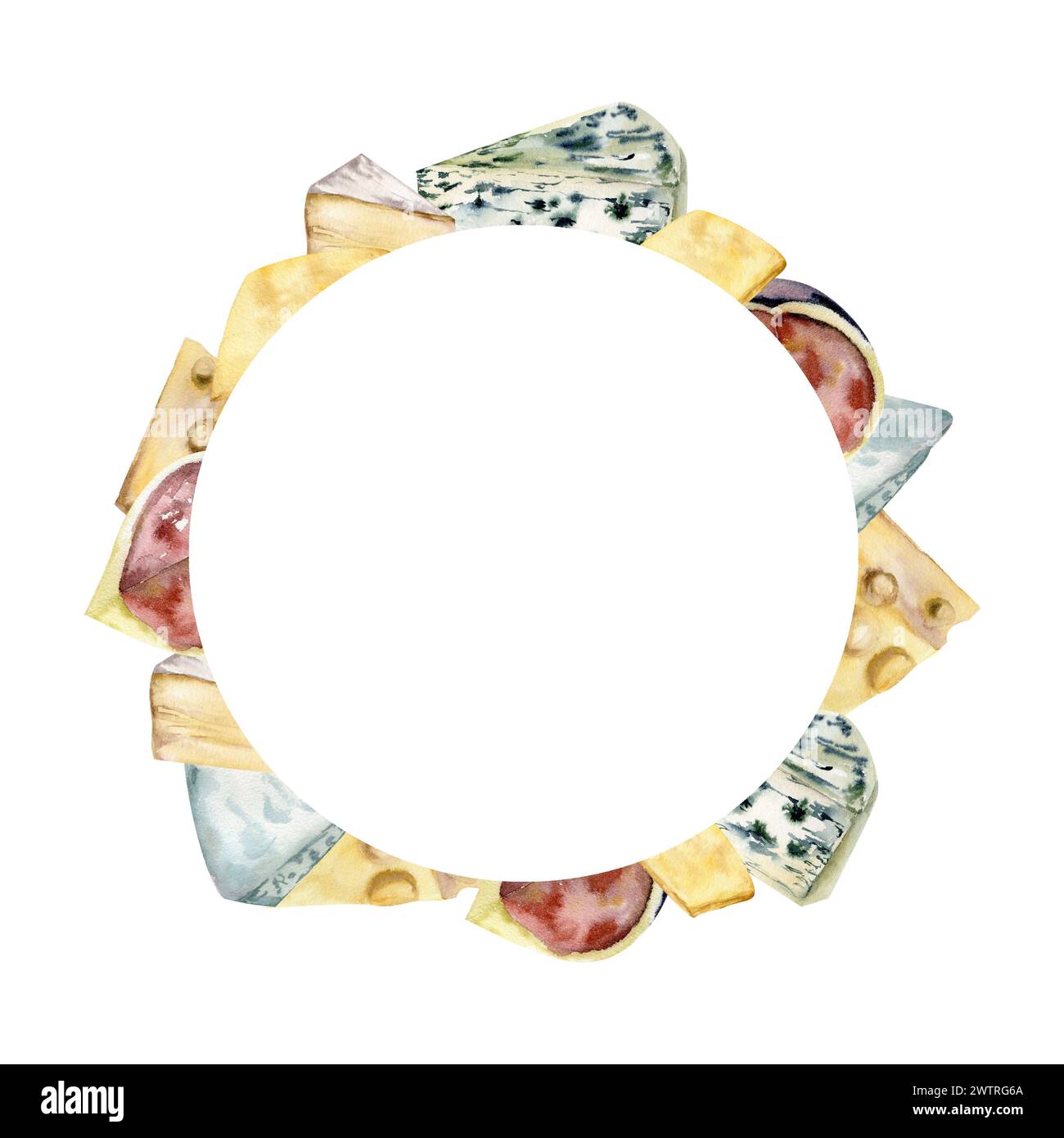 Watercolor food illustration frame template with different kinds of ...