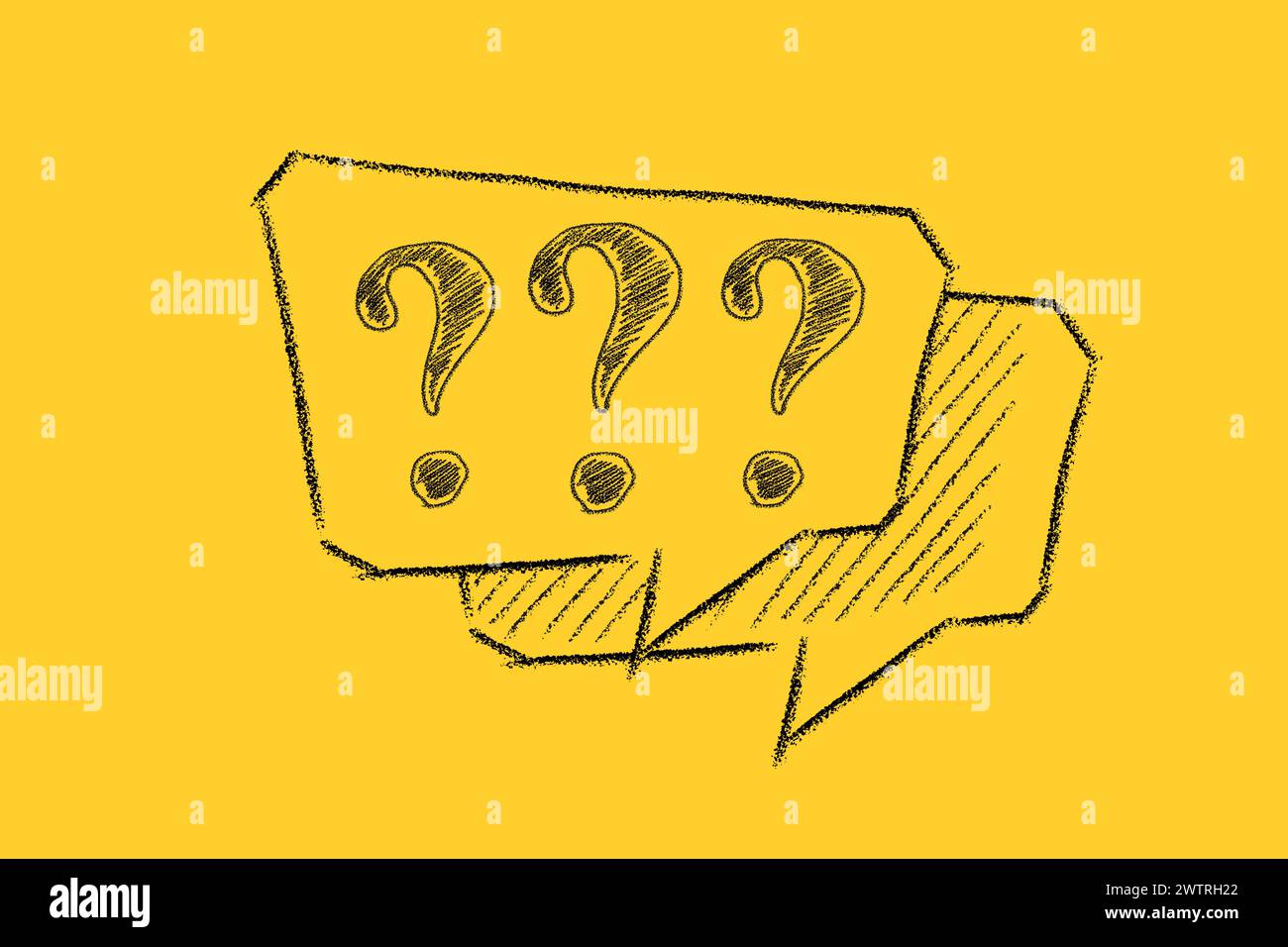 Question marks in speech bubble drawn on a yellow background. FAQ Stock Photo