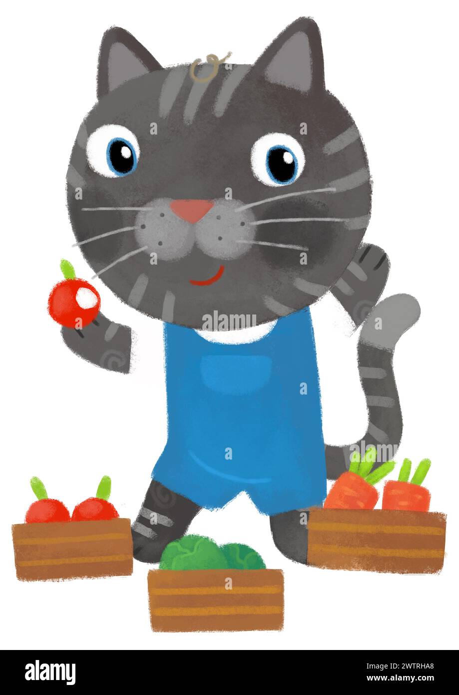 cartoon scene with happy farmer ranch cat kitty holding basket full of ...
